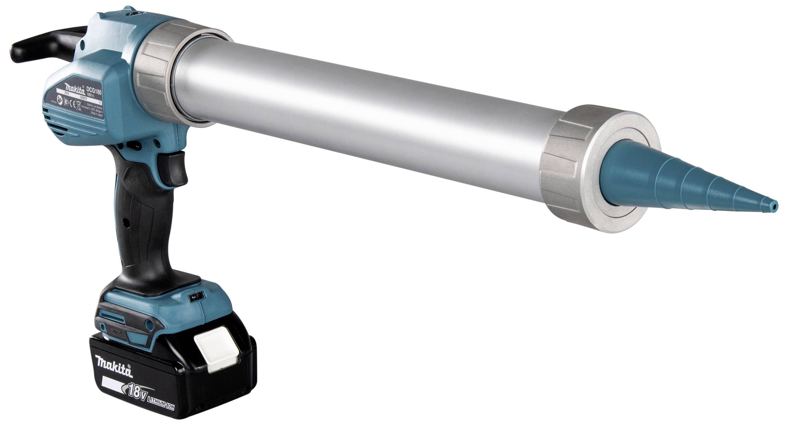 Pistolet à cartouche à batterie en bleu et noir avec long canon métallique et buse en forme d'entonnoir, utilisé pour l'application précise de produits d'étanchéité.