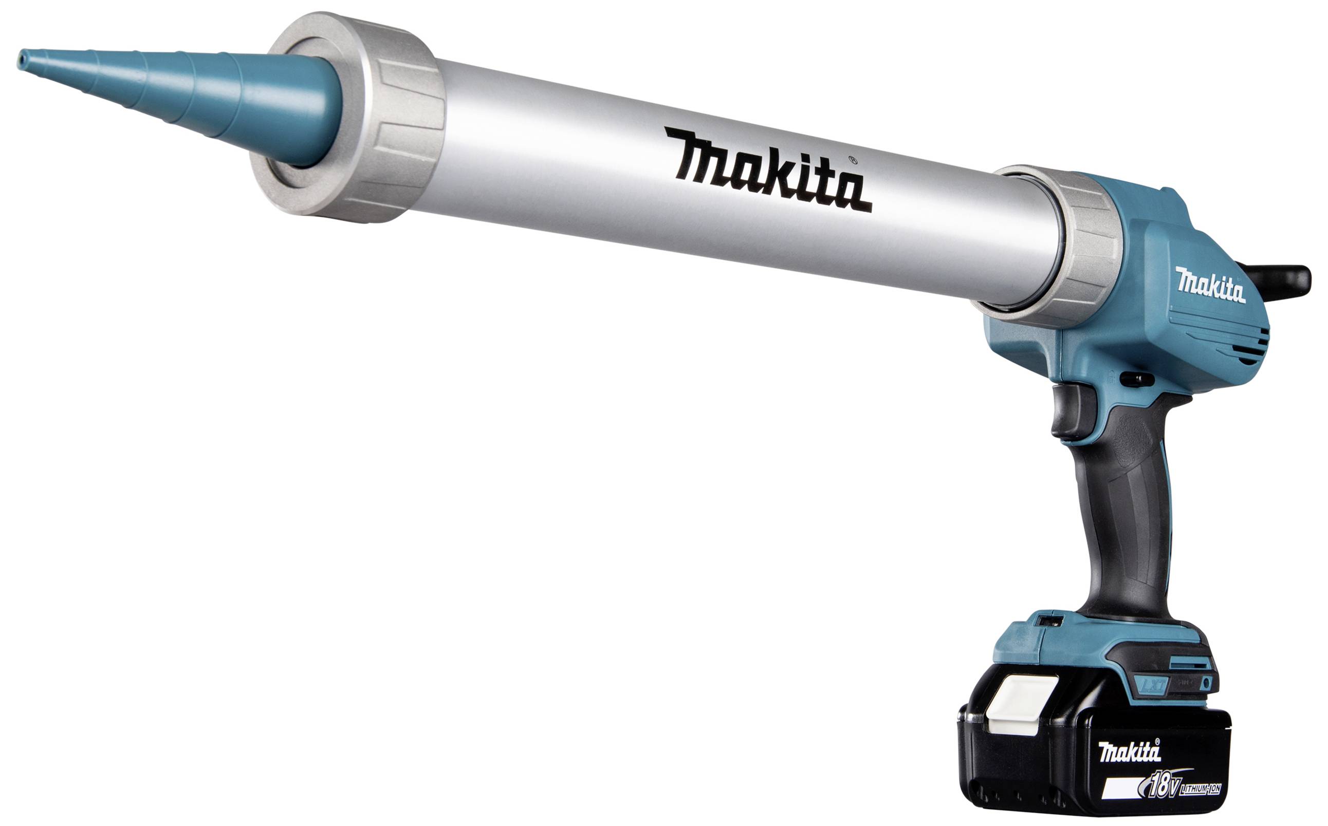 Pistolet à cartouche électrique de marque Makita, en bleu et argent, avec batterie 18V. Adapté pour le calfeutrage et le collage professionnel.