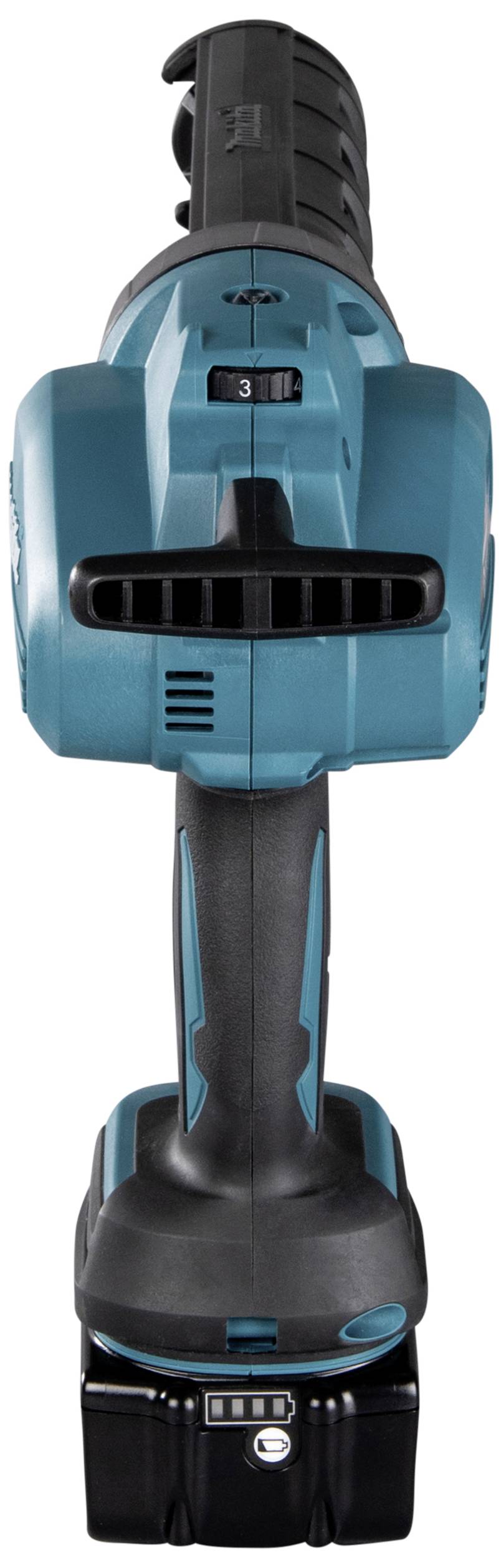 Souffleur de feuilles à batterie de couleur bleue, vue de face. Appareil destiné au nettoyage des trottoirs et des jardins de leurs feuilles. Compact et portable.