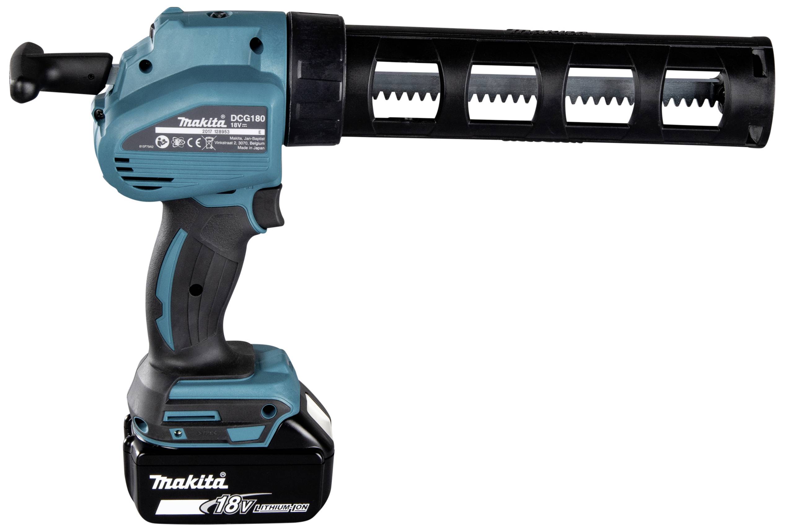 Pistolet à cartouche à batterie en bleu et noir, avec poignée ergonomique et batterie 18V, pour un dosage précis des adhésifs.