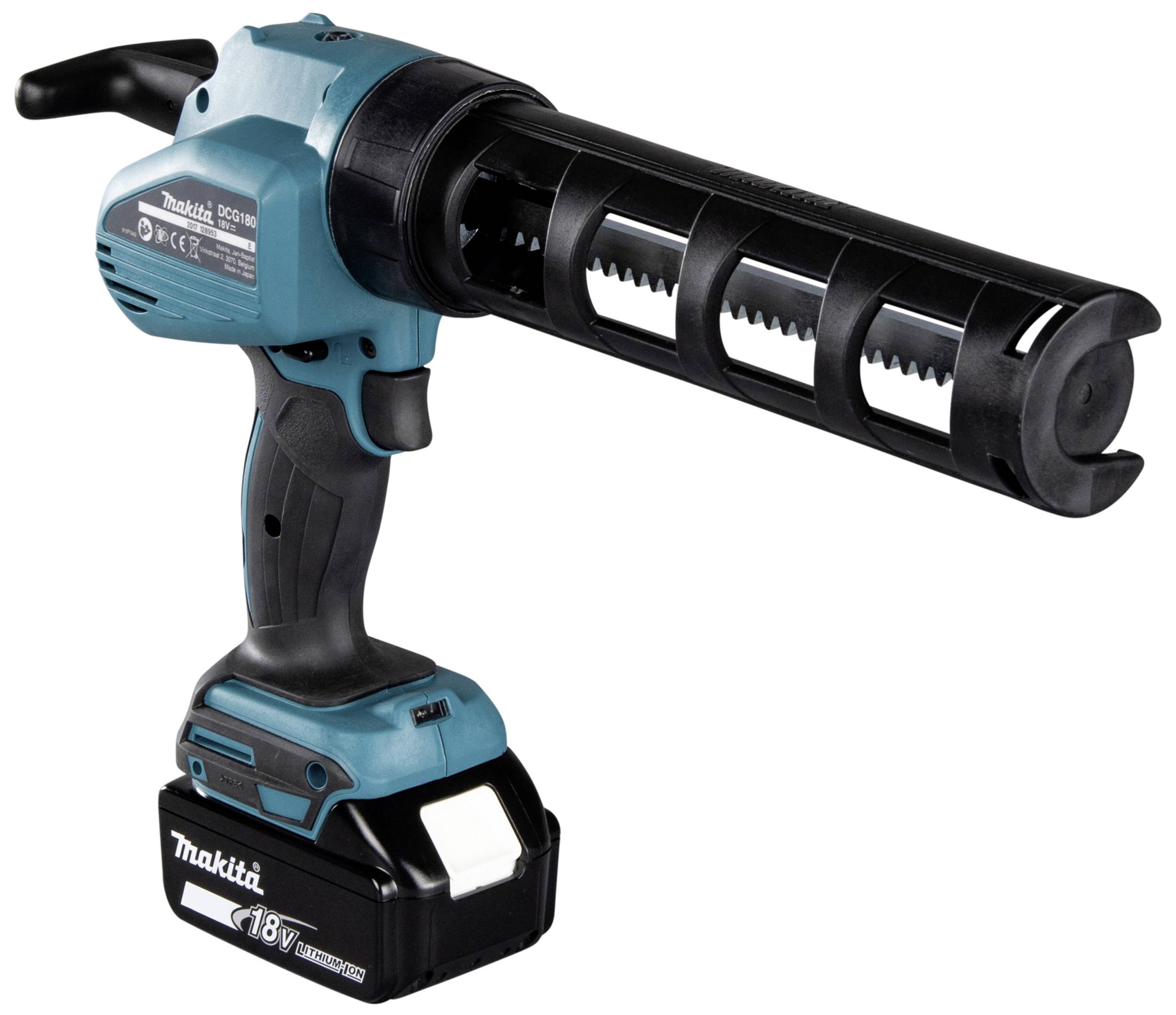 Pistolet à cartouche alimenté par batterie, bleu-noir, avec poignée ergonomique et batterie interchangeable, idéal pour le jointoiement précis.