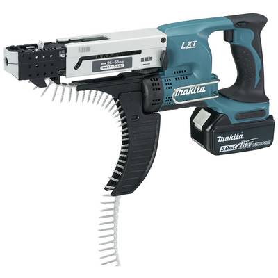 Un tournevis sans fil Makita bleu et noir avec chargeur de vis, compatible avec des vis de 25-55 mm, 18V, 5,0Ah.