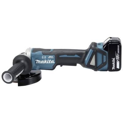 Meuleuse d'angle sans fil, modèle en design bleu et noir avec poignée latérale et batterie lithium-ion 18V.