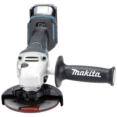 Un meuleuse d'angle sans fil avec une poignée noire, un disque argenté et un boîtier bleu-noir. La poignée est marquée du logo 'Makita'.