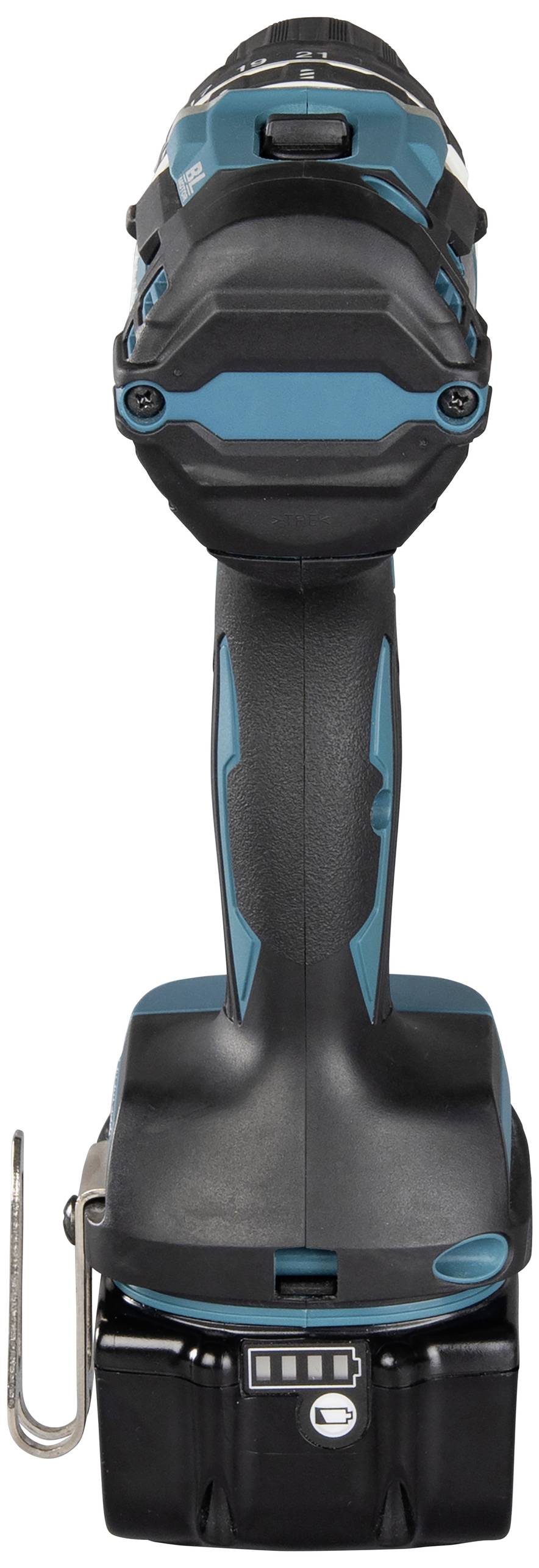 Un tournevis sans fil avec un boîtier bleu et noir et une batterie. Embout d'outil non visible.