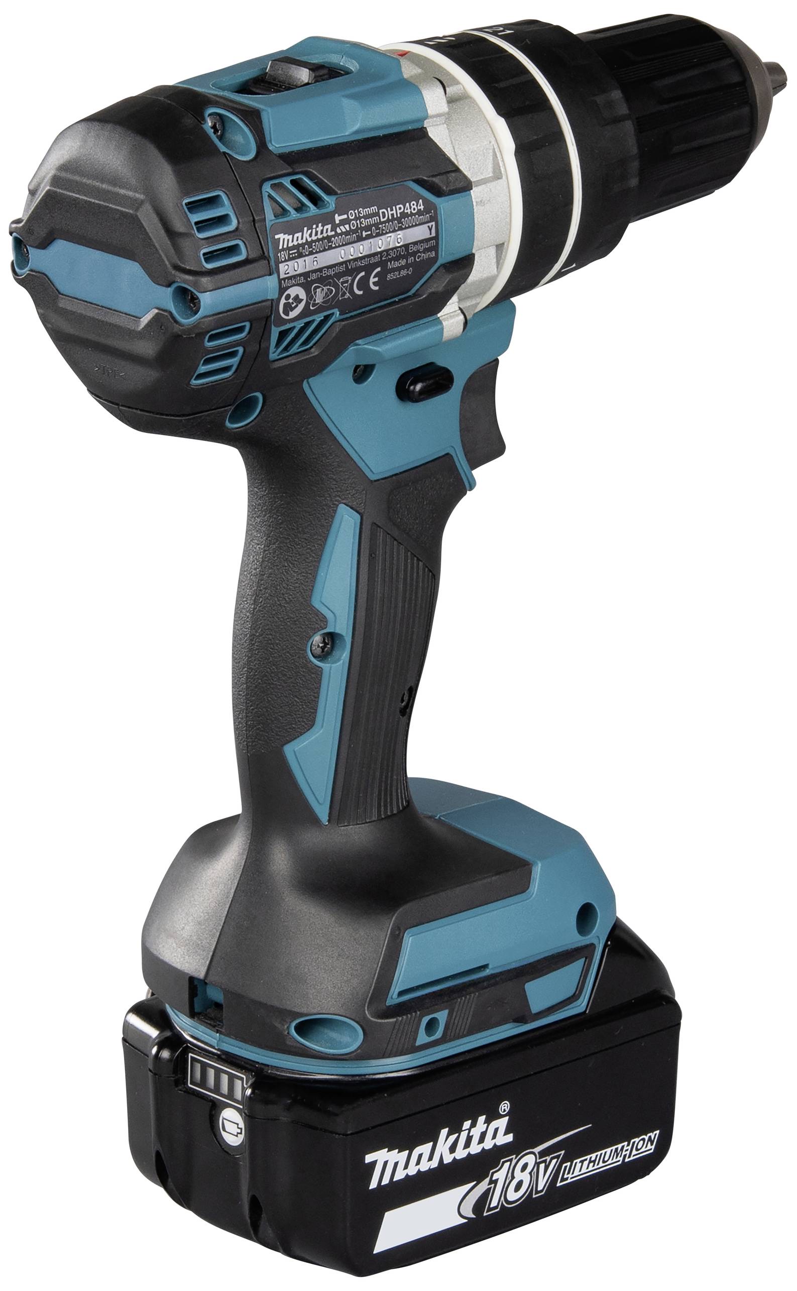 Un tournevis-perceuse sans fil bleu Makita avec batterie lithium-ion 18V et poignée ergonomique, présenté en vue latérale.