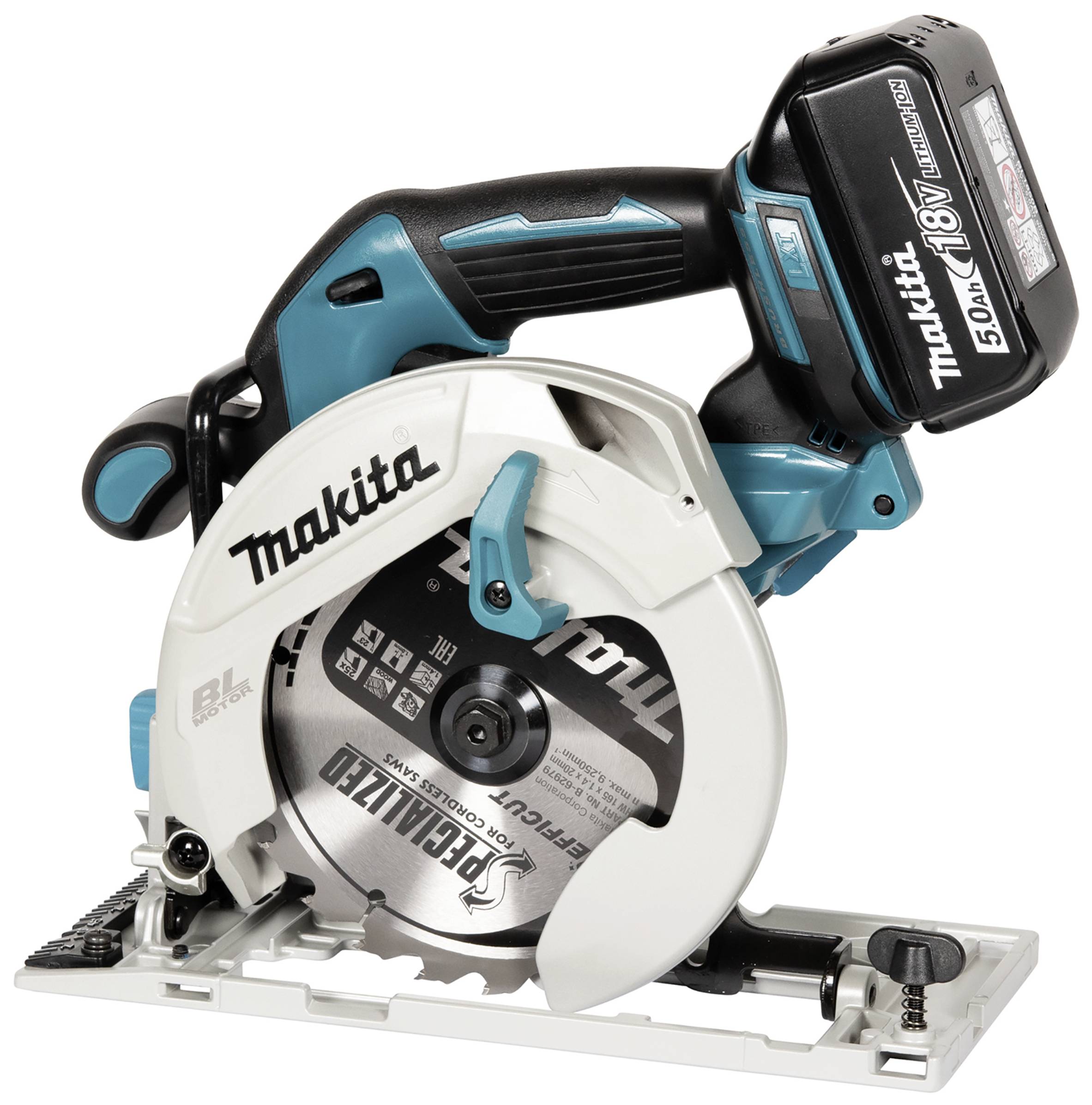 Scie circulaire sans fil avec boîtier bleu et noir, fabriquée par Makita. Adaptée pour les coupes de bois, légère, portable et sans fil.