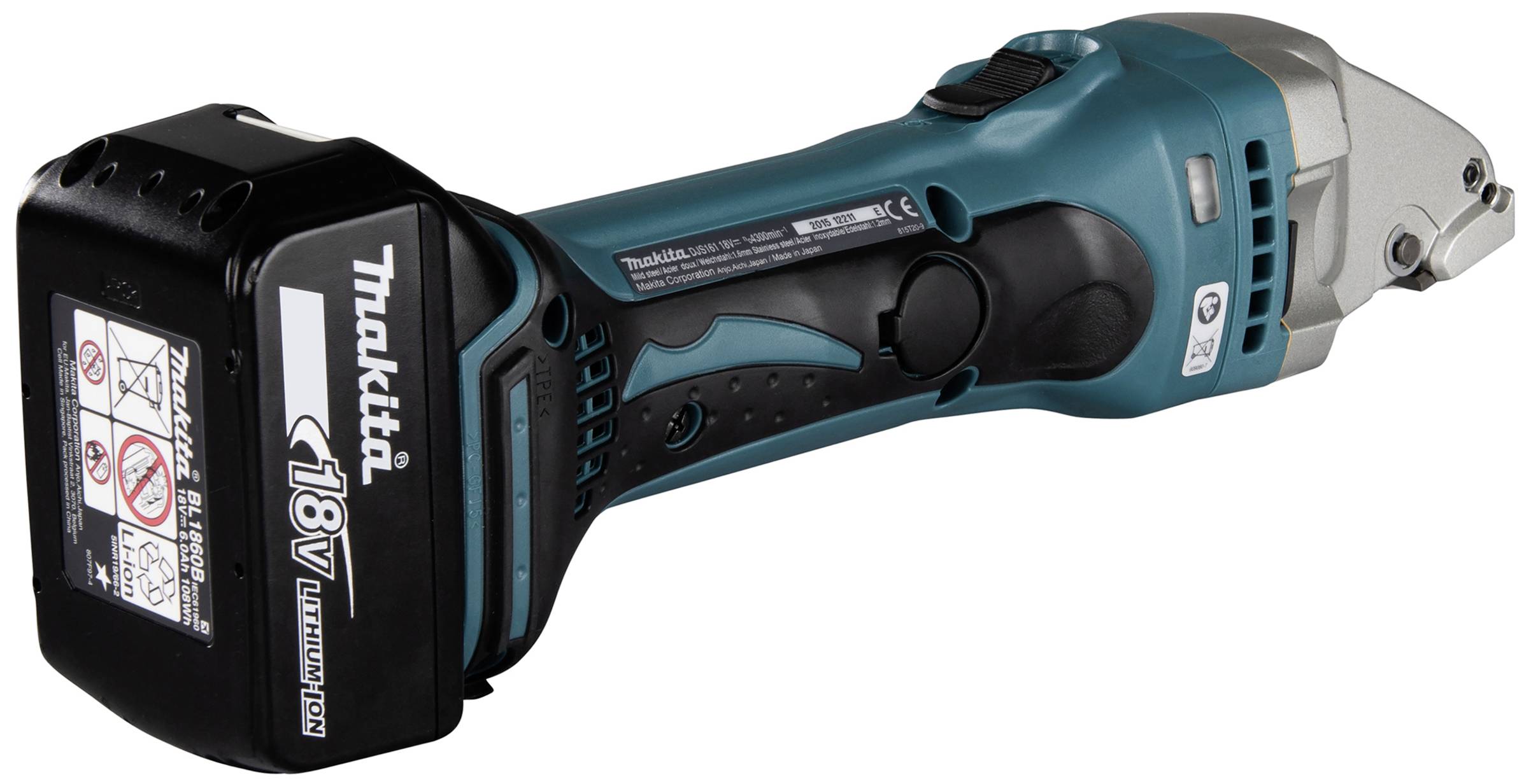 Une cisaille électrique sans fil de Makita, avec le numéro de modèle visible. Elle est équipée d'une batterie lithium-ion et est de couleur bleu et noir.