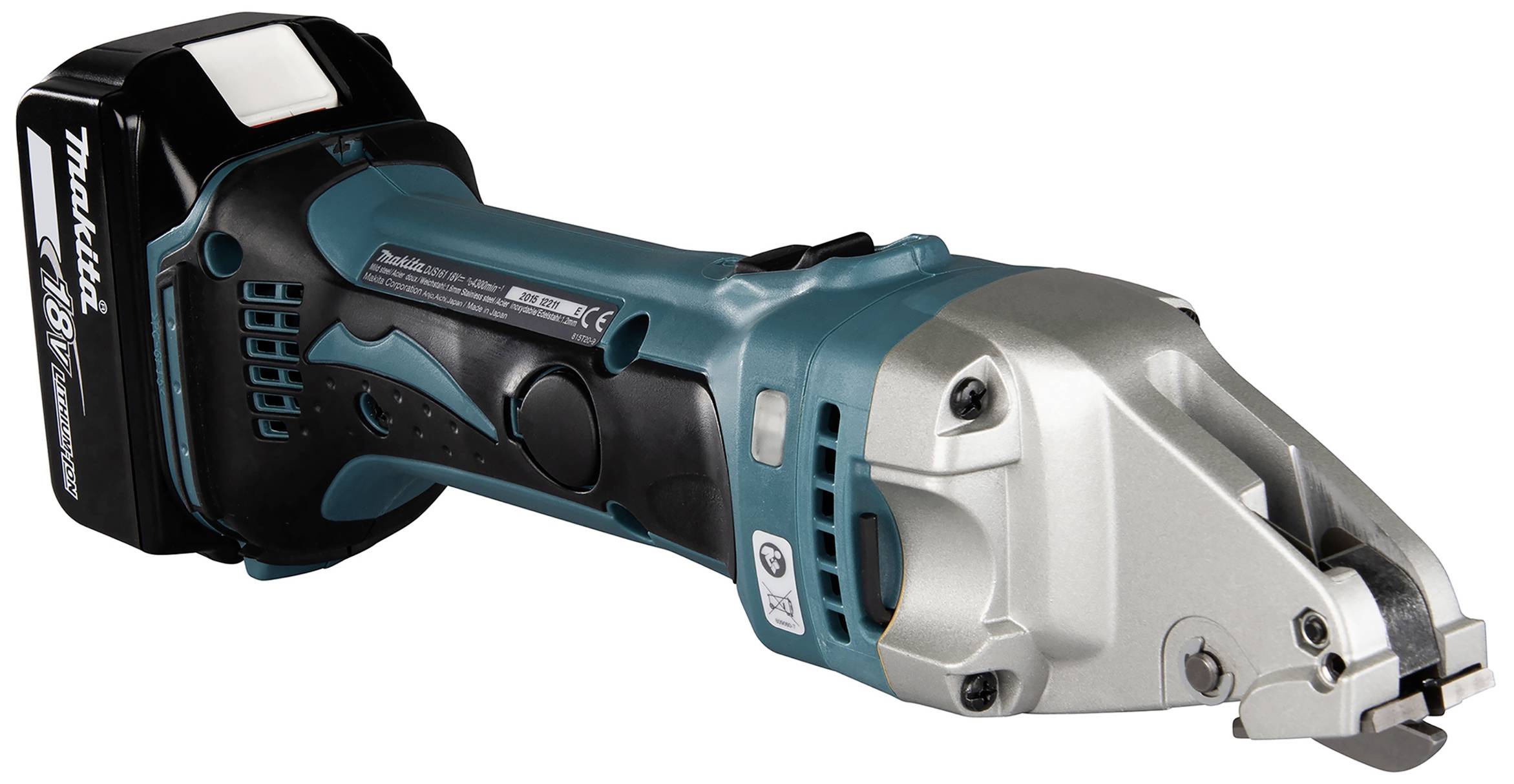 Cisaille à batterie en bleu et argent, adaptée pour couper précisément des tôles métalliques. Maniable et sans fil pour une utilisation flexible.