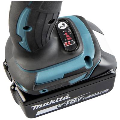 Perceuse-visseuse sans fil avec boîtier noir et bleu et logo Makita sur batterie lithium-ion 18V.