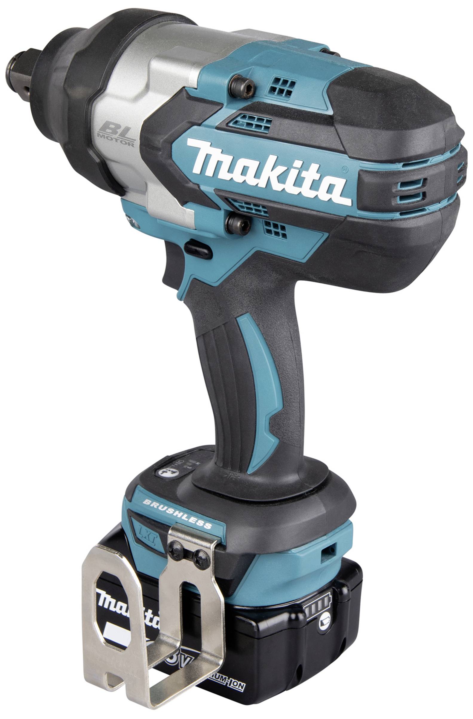 Visseuse à choc Makita, bleu et noir, avec poignée ergonomique et boîtier robuste, adaptée aux travaux de construction et de bricolage.