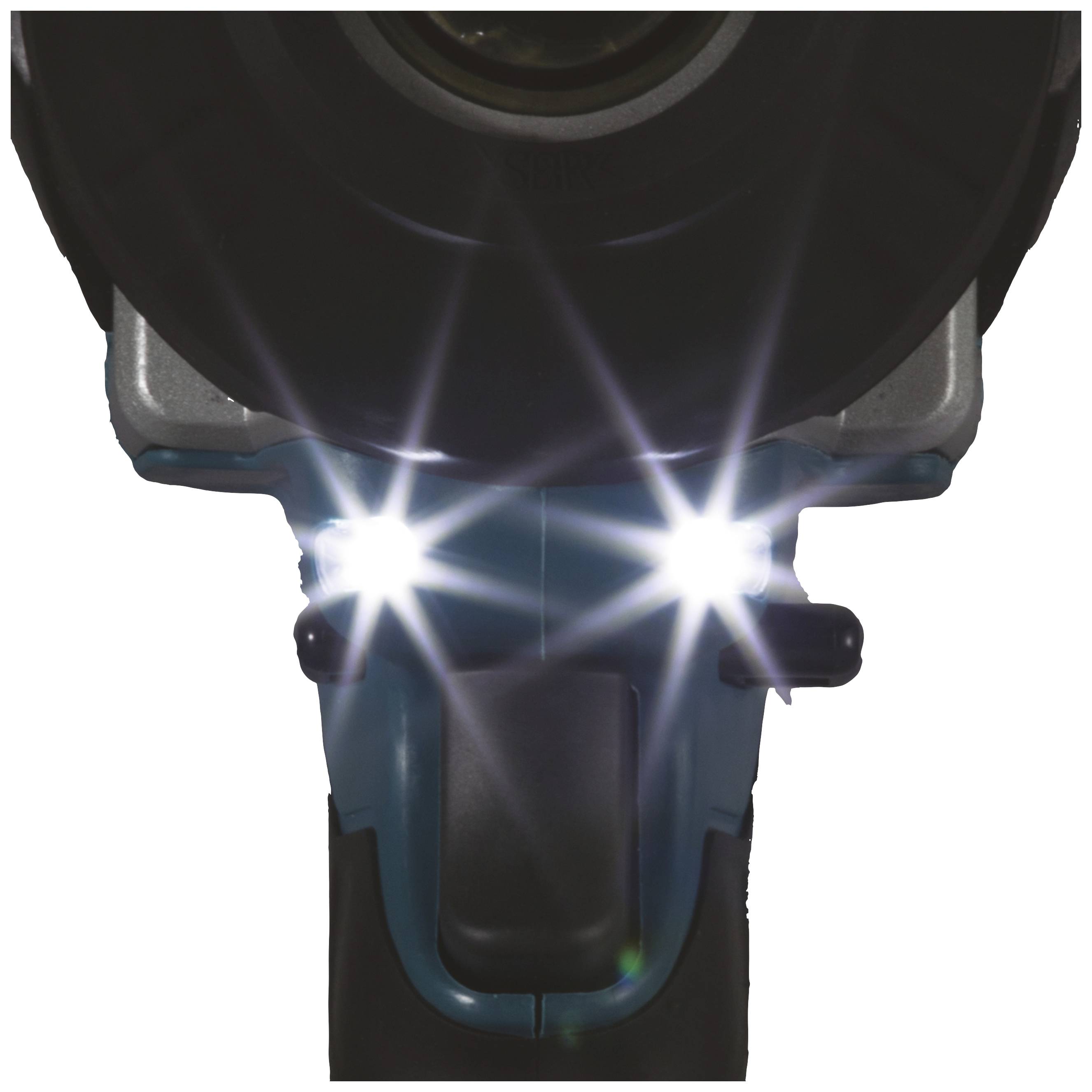 Gros plan sur un outil électrique équipé de deux lampes LED orientées vers la zone de travail.