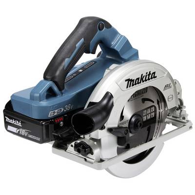 Scie circulaire sans fil Makita, modèle 18V LXT, en bleu et argent, avec poignée noire, adaptée pour couper précisément le bois.