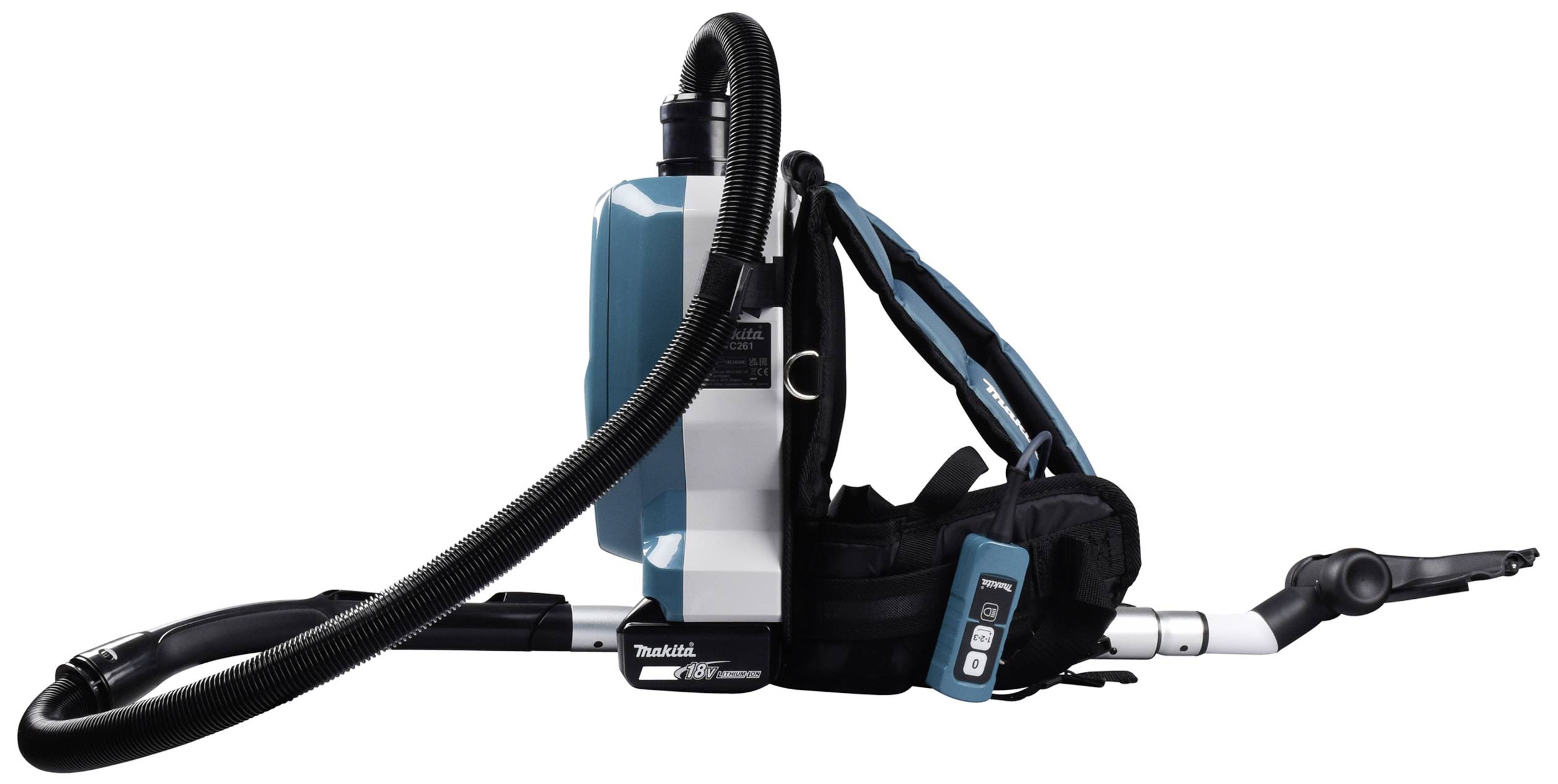 Aspirateur à dos sans fil en noir et bleu avec bretelles ergonomiques, tuyau d'aspiration flexible et panneau de commande intuitif.