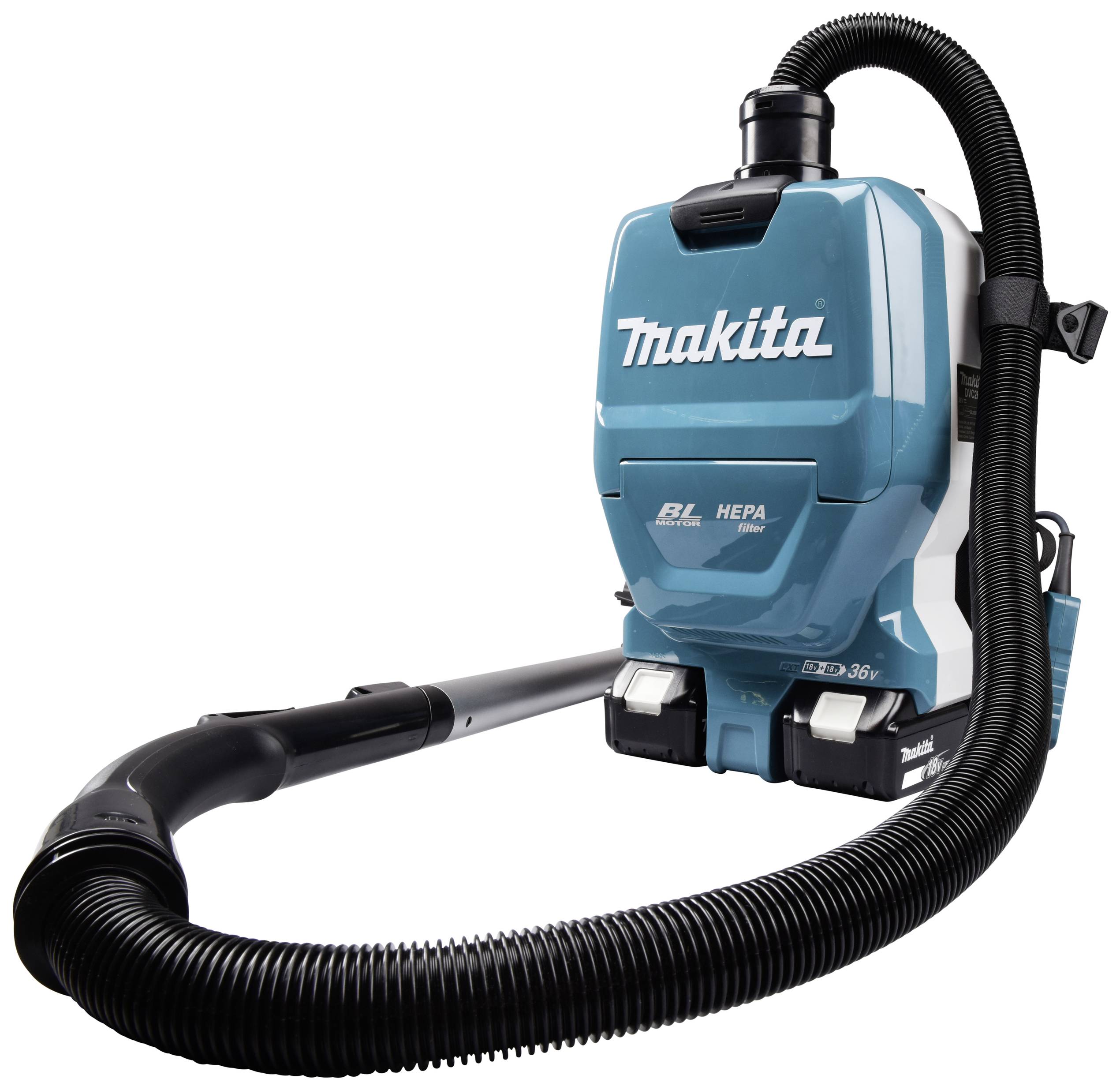 Un aspirateur mobile Makita à design de sac à dos, équipé d'un tuyau flexible et d'un filtre HEPA pour un nettoyage efficace.