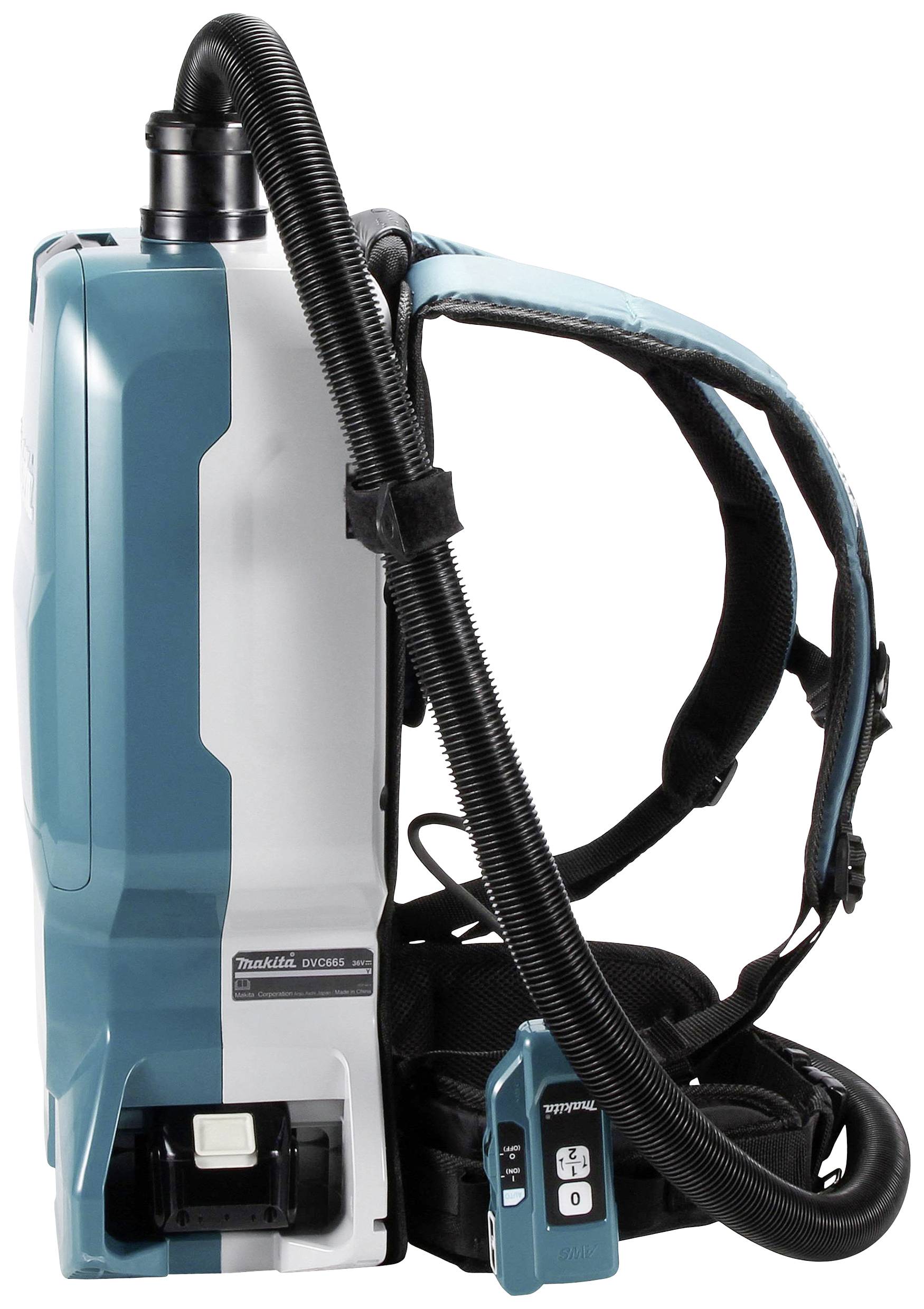 Un aspirateur portable avec système de portage dorsal, flexible et commandes. Idéal pour une utilisation dans des espaces confinés ou des environnements mobiles.