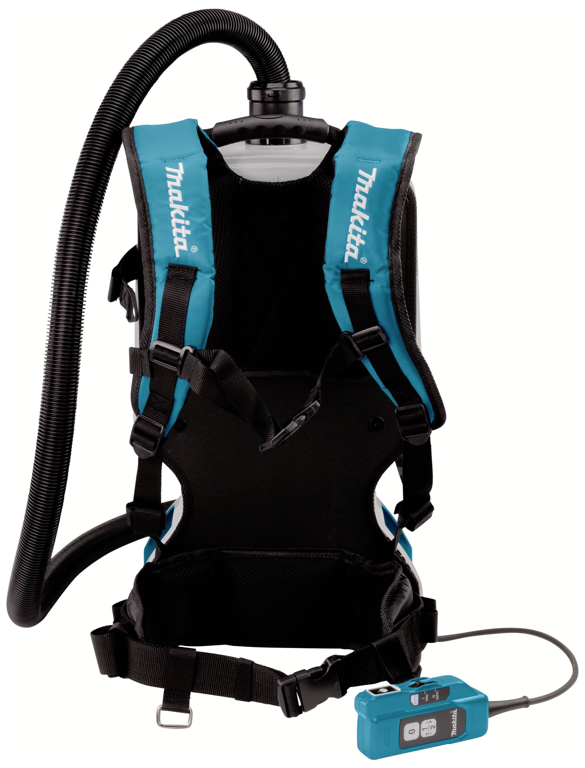 Aspirateur-sac à dos de marque Makita, coloris bleu et noir, équipé de sangles de transport et d'un flexible, avec télécommande de réglage de puissance.