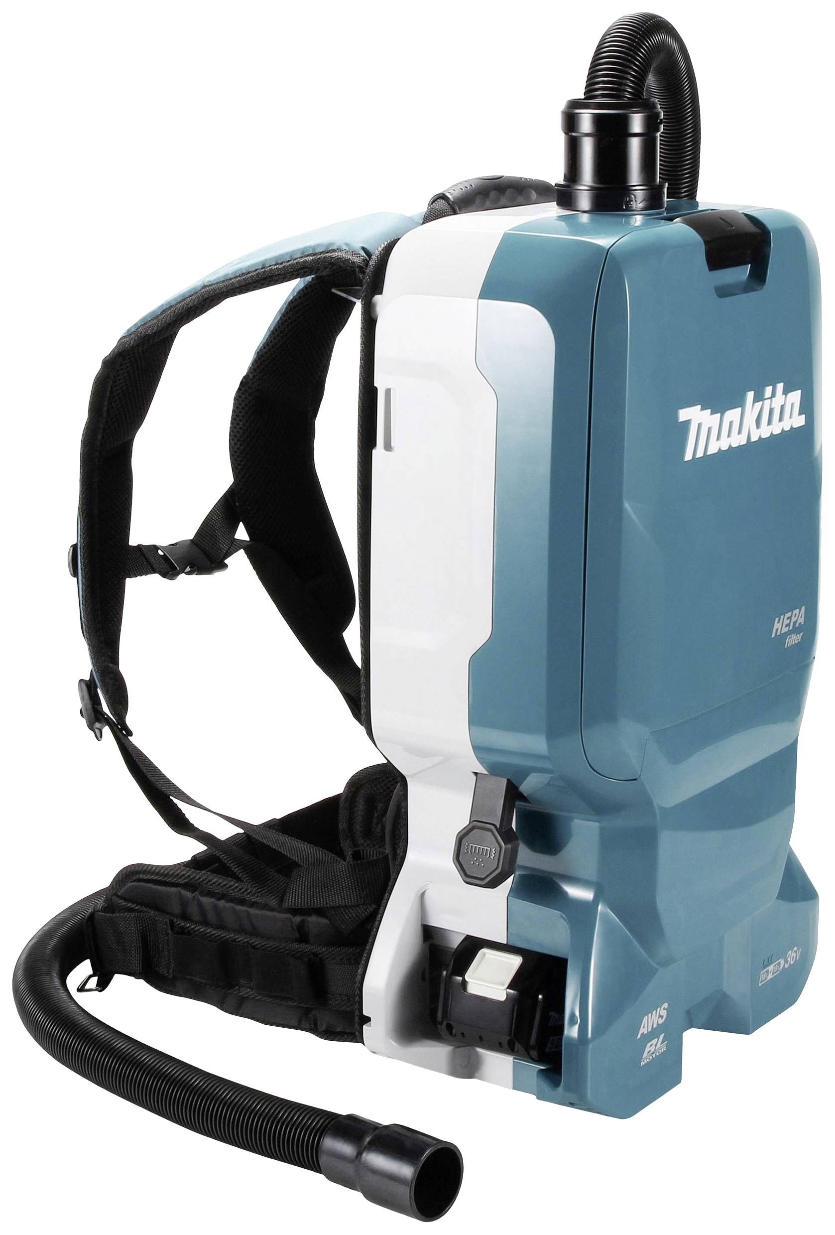 Aspirateur-sac à dos bleu et blanc, équipé de bretelles et d'un tuyau d'aspiration. Marque 'Makita' sur l'avant.