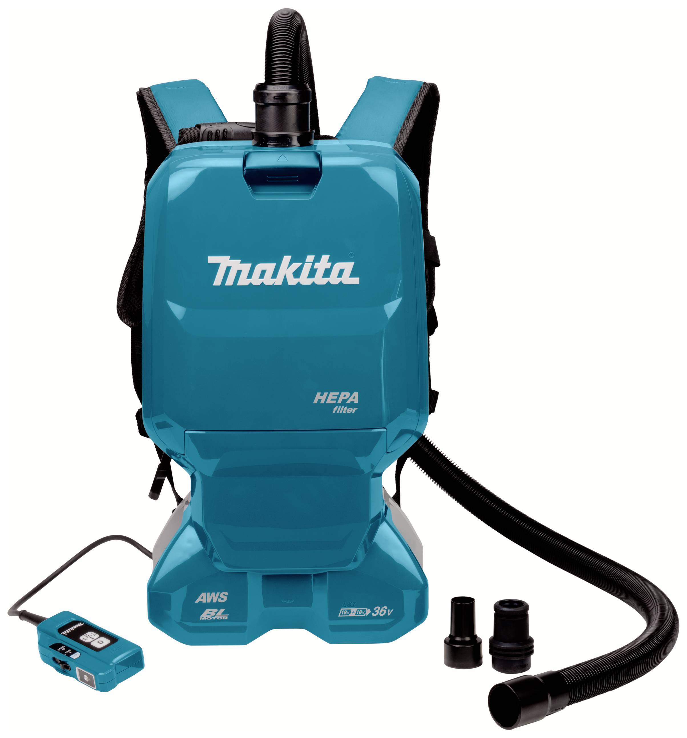 Aspirateur dorsal bleu Makita avec filtre HEPA. Comprend un tuyau, des buses d'accessoires et une batterie. Adapté aux travaux de nettoyage portables.