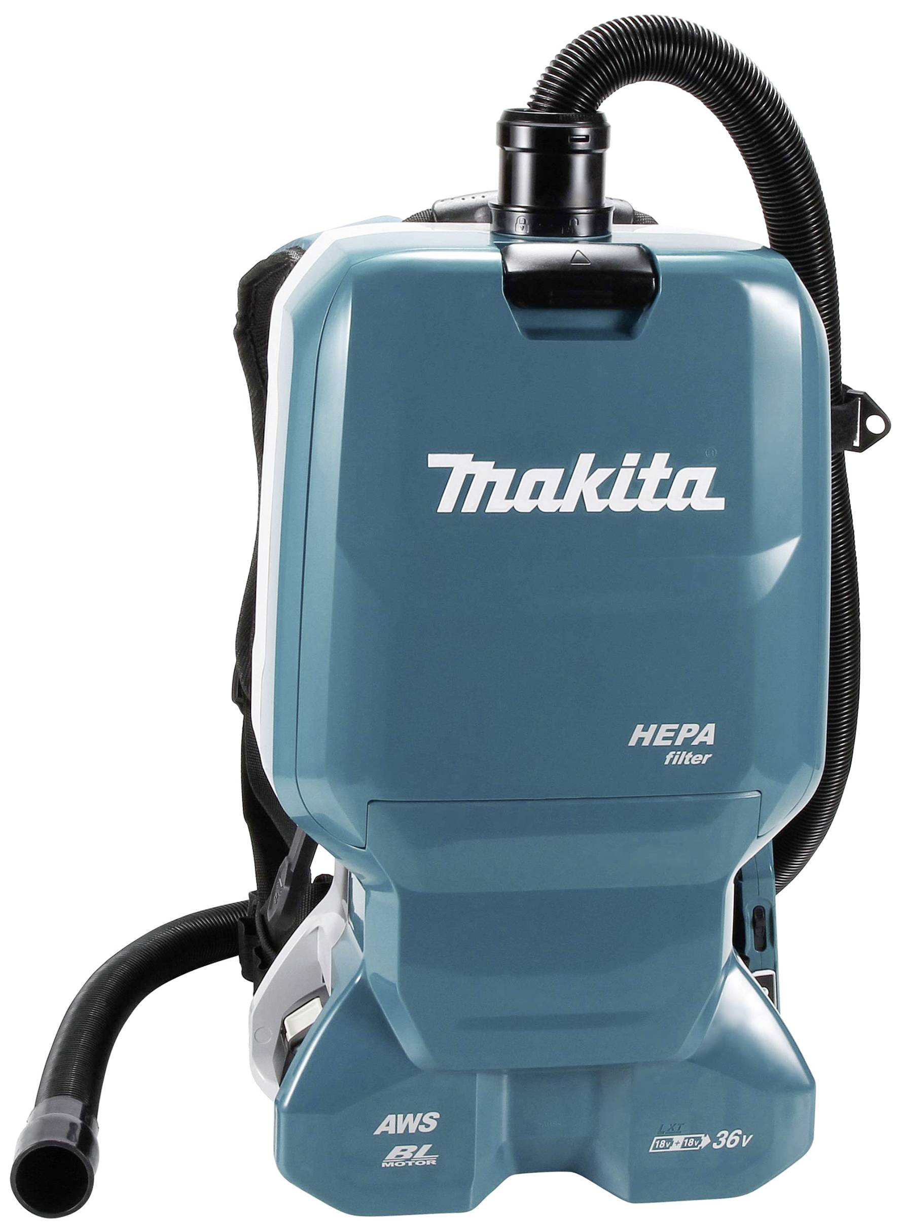 Aspirateur-sac à dos bleu, marque visible, équipé d'un filtre HEPA et d'un tuyau. Adapté pour un nettoyage efficace en atelier.