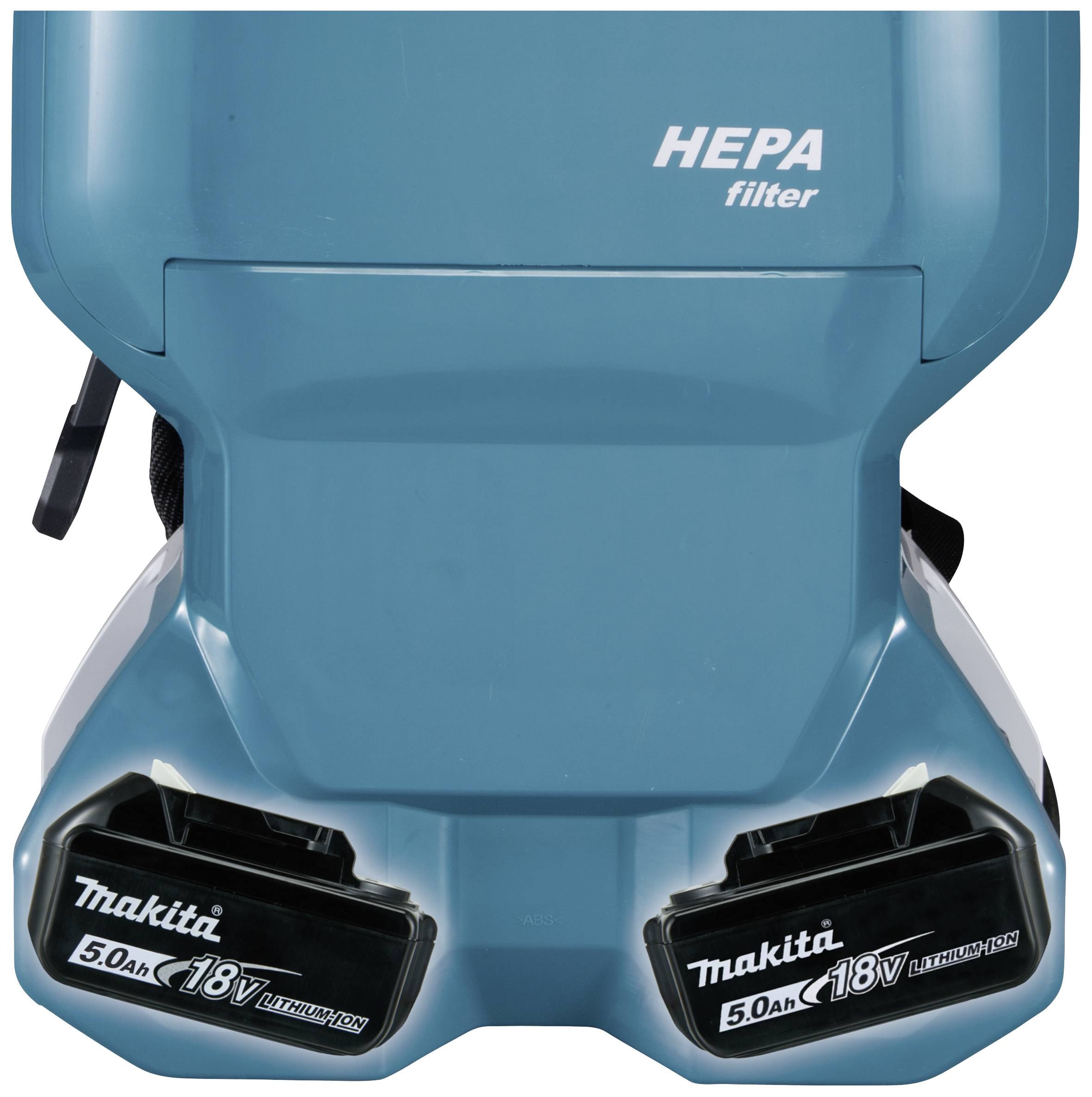 Aspirateur-sac à dos avec filtre HEPA, équipé de deux batteries Lithium-ion 18V de Makita.