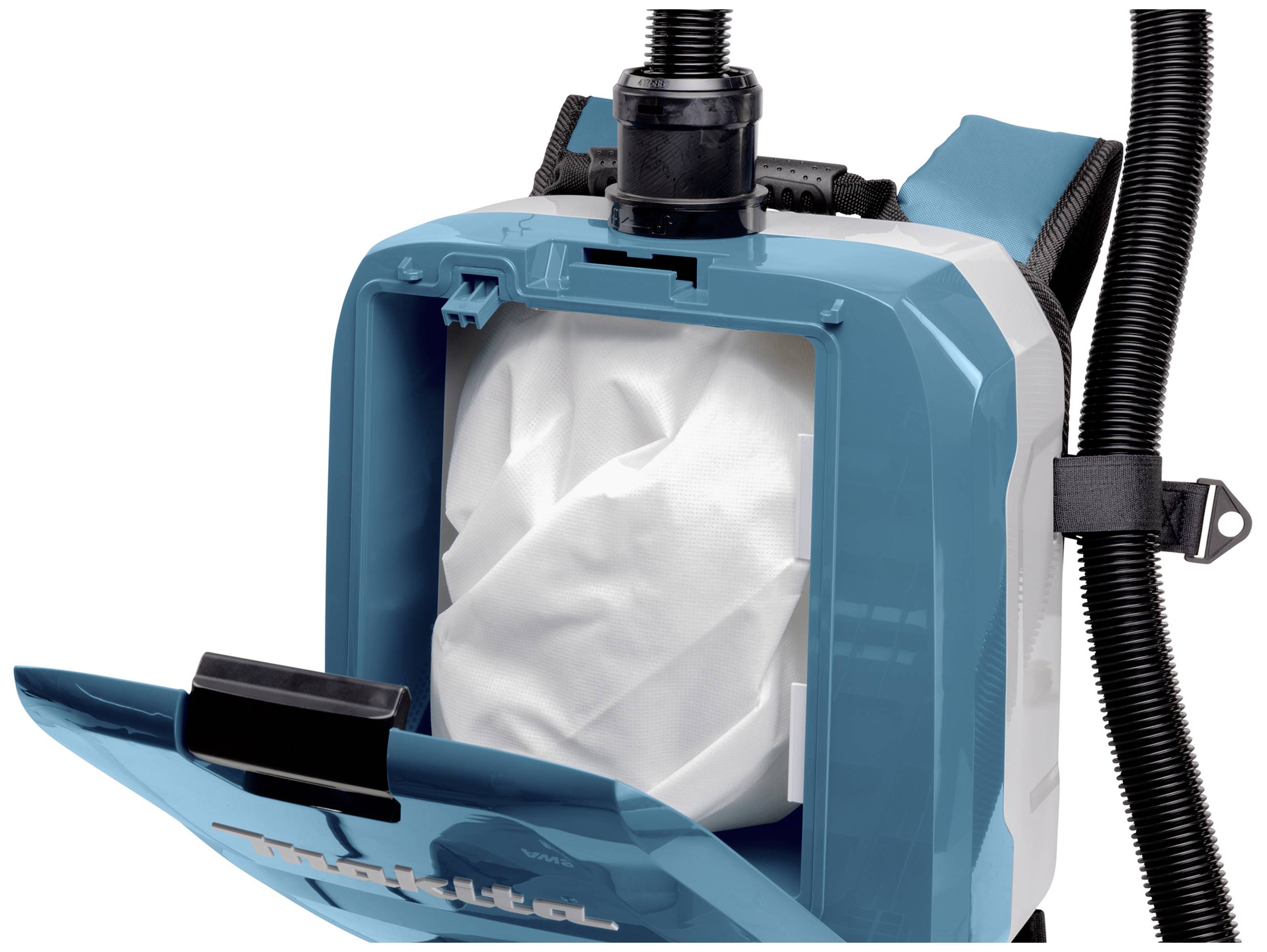 Un aspirateur dorsal bleu de Makita avec un compartiment ouvert et un sac à poussière visible. Conçu pour un aspirage portable et sans fil.