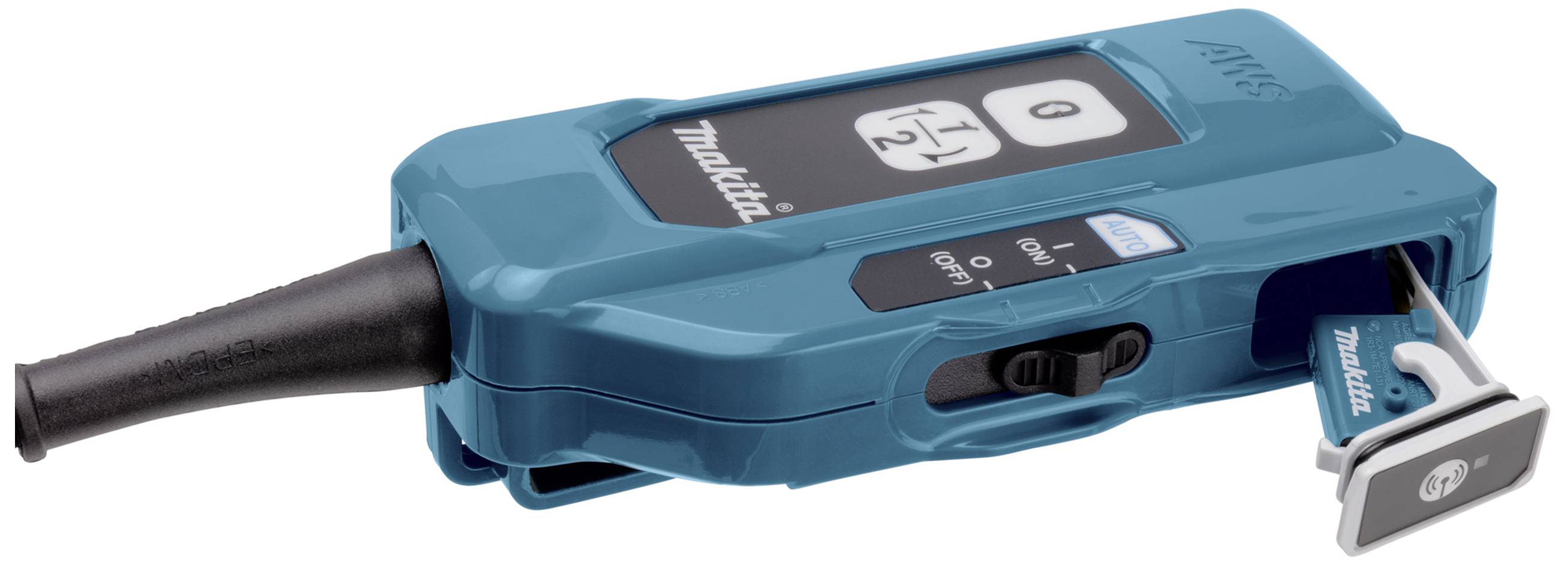 Un dispositif portable de mesure d'alcoolémie de couleur bleue avec affichage numérique. Une bandelette de test est insérée sur le côté, l'écran affiche '0'.