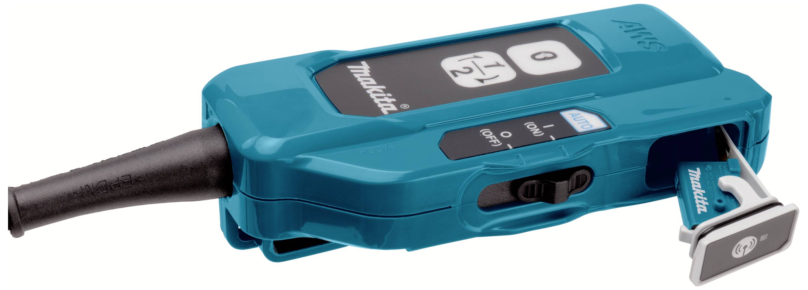 Un manomètre numérique sans fil en bleu avec un affichage numérique et un adaptateur de valve d'air sur le côté.