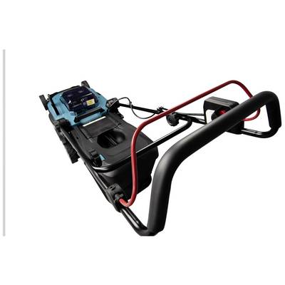 Tondeuse électrique au design moderne avec compartiment de batterie visible et poignées rouges, sur fond blanc.