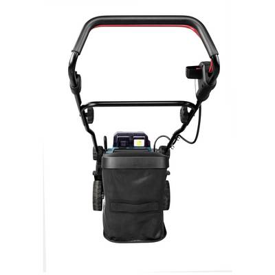 Un tondeuse électrique vue de derrière, avec un bac de ramassage noir et un carter bleu et noir.