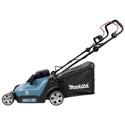 Tondeuse électrique bleue de la marque 'Makita' avec poignée noire et bac de ramassage, vue latérale. Adaptée aux jardins de taille moyenne.