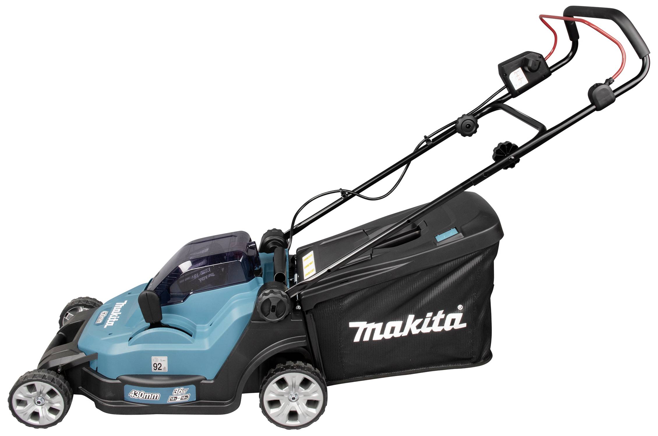 Un tondeuse à gazon bleu avec un bac de ramassage noir et une poignée réglable. Inscription 'Makita'. Adapté aux travaux de jardinage.