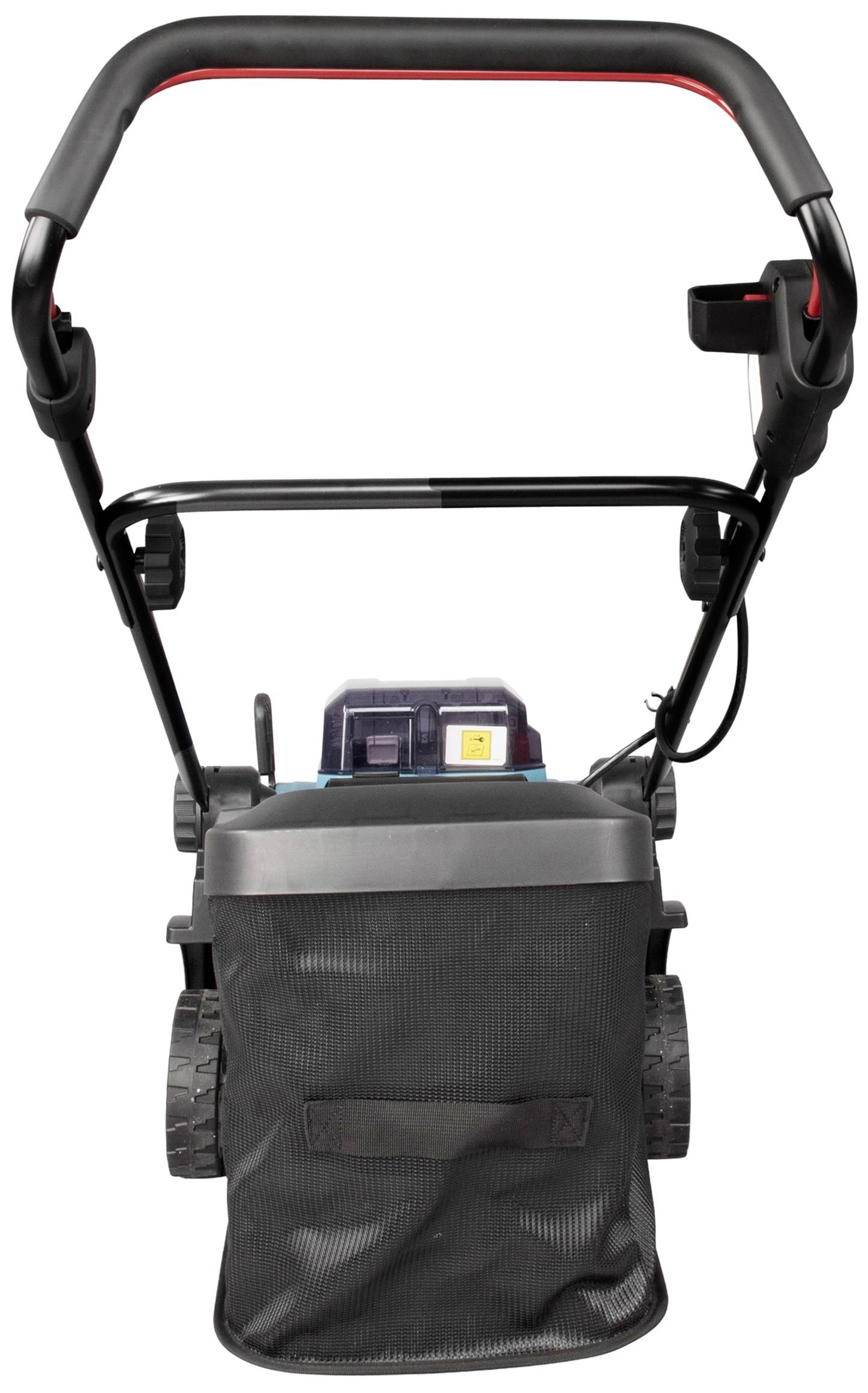 Vue arrière d'une tondeuse à gazon avec batterie et bac de ramassage. La poignée est rembourrée et ergonomique.