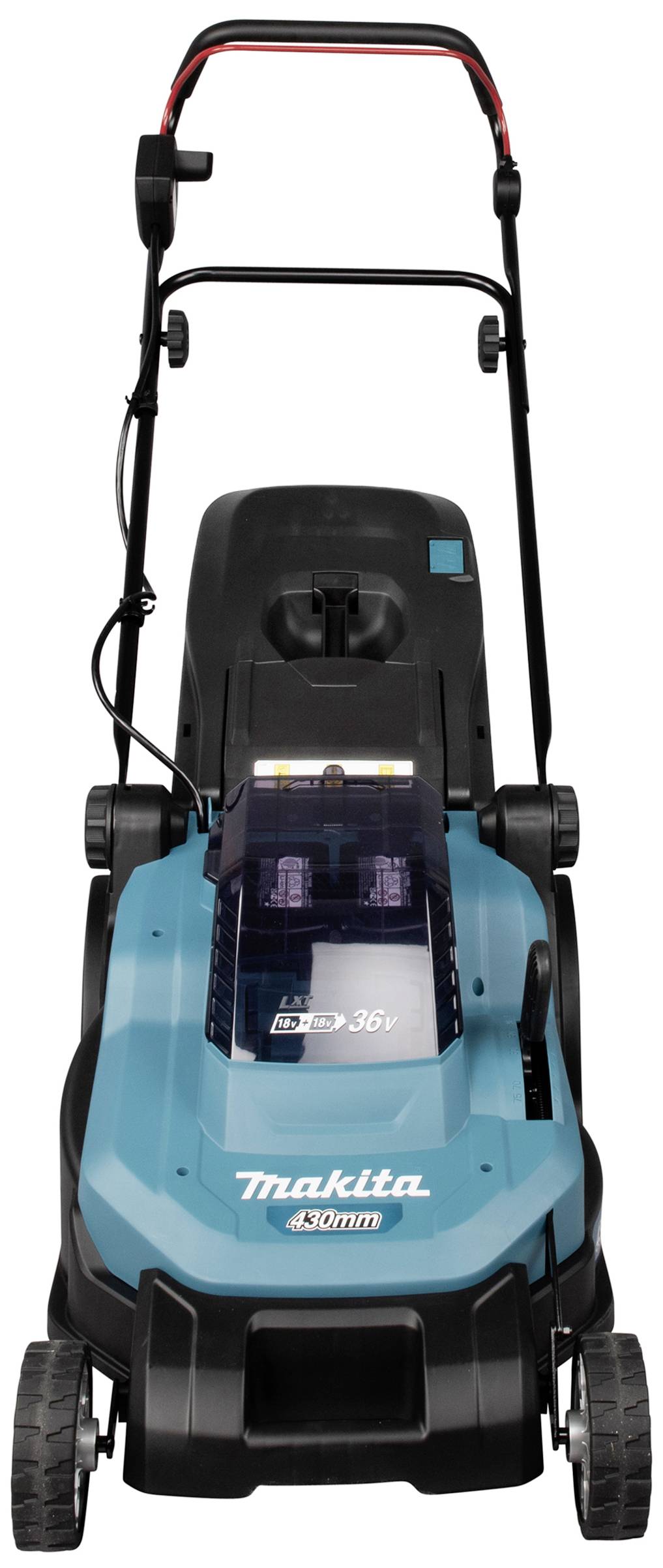 Tondeuse électrique en bleu et noir avec une poignée, un compartiment de chargement transparent et de grandes roues, positionnée de face.