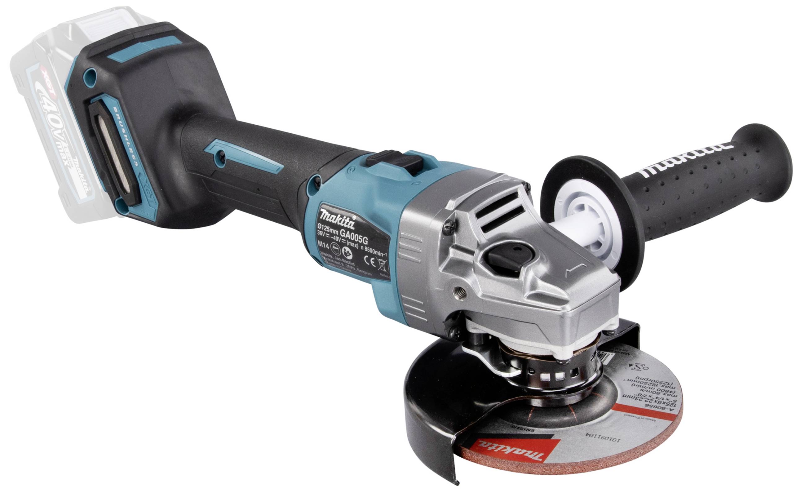 Meuleuse d'angle sans fil avec boîtier noir et bleu, disque de ponçage rouge. Adaptée pour le travail des métaux et les travaux de meulage.