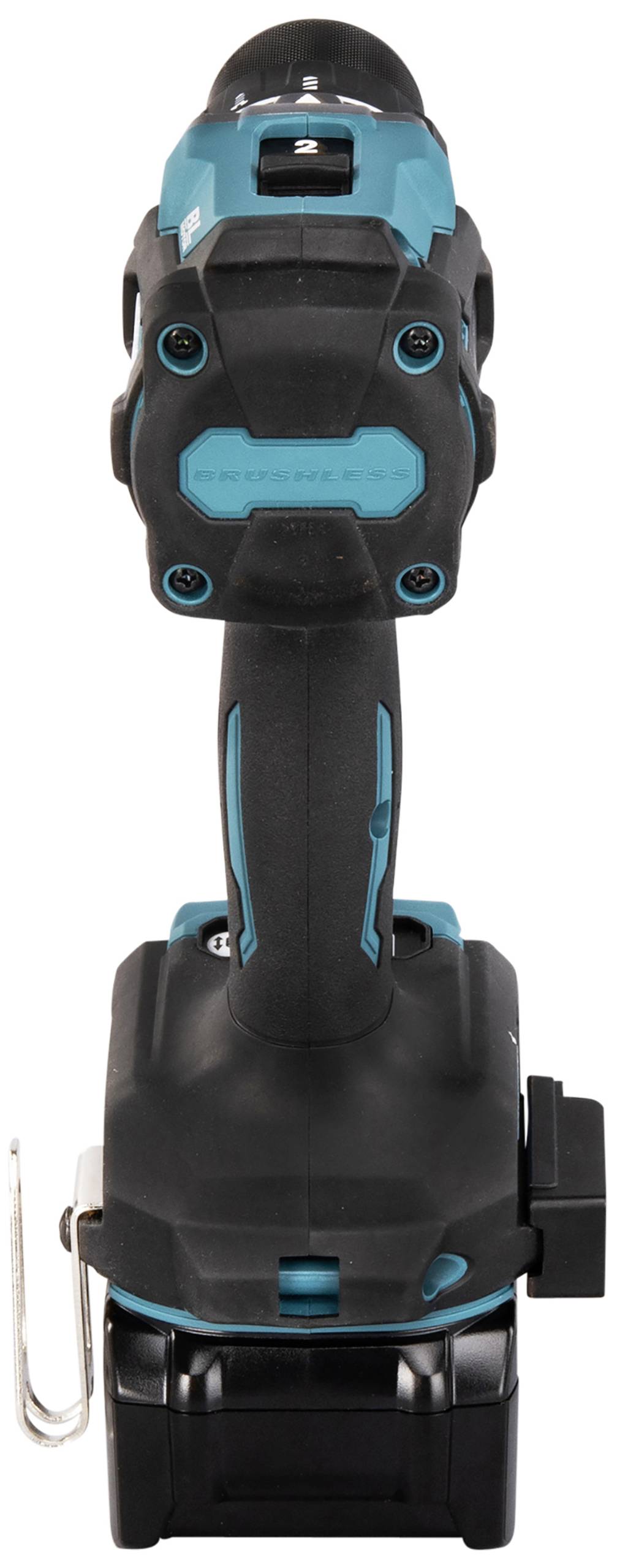 Un tournevis sans fil de couleur noir et turquoise, debout verticalement, avec une poignée ergonomique et une conception compacte.