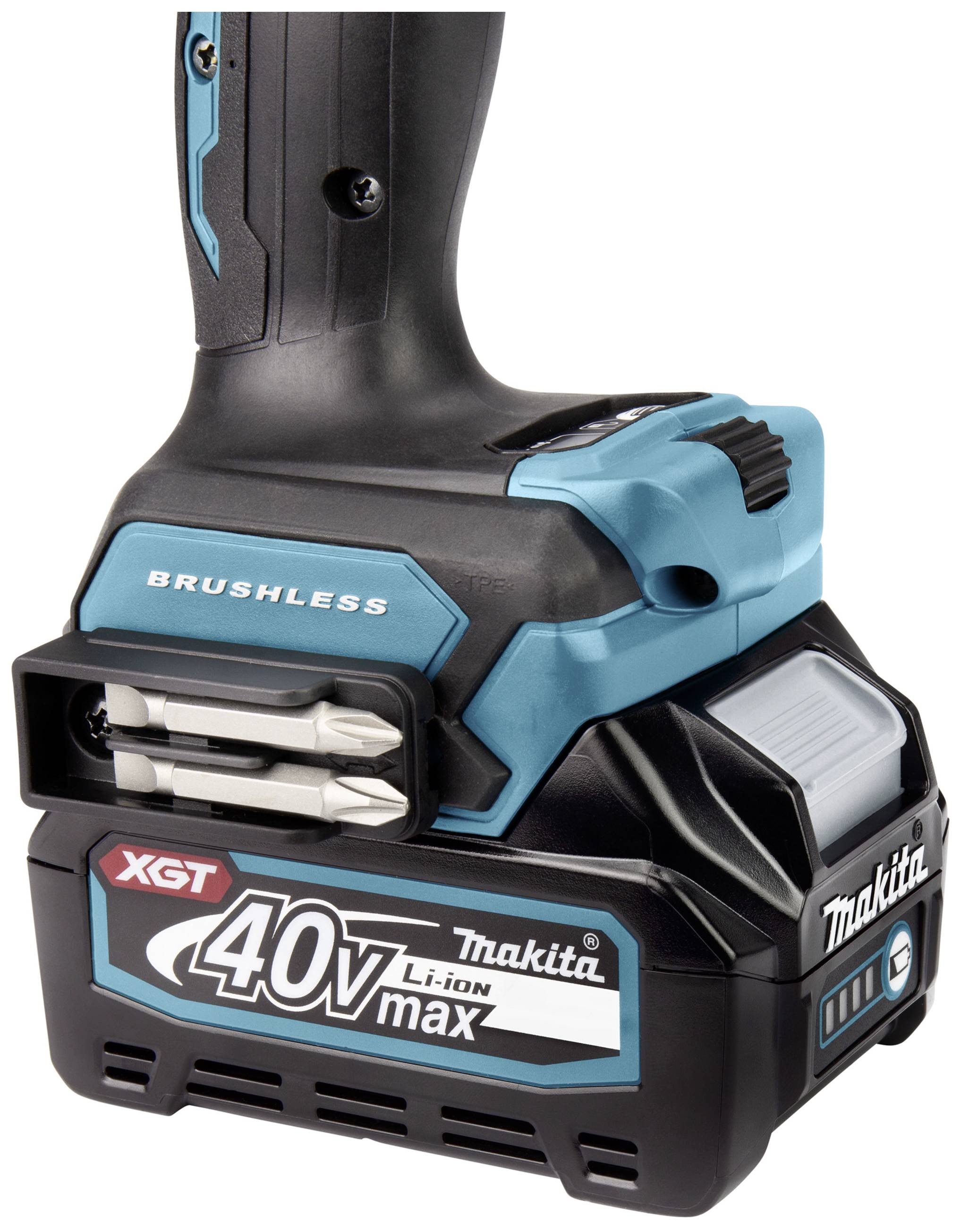 Visseuse sans fil Makita, modèle 'XGT 40V max', avec moteur brushless. Boîtier en noir et bleu.