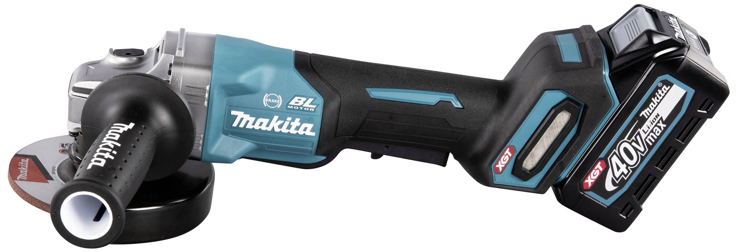 Meuleuse d'angle sans fil de la marque Makita avec un boîtier bleu et noir et une batterie insérée sur le côté droit.