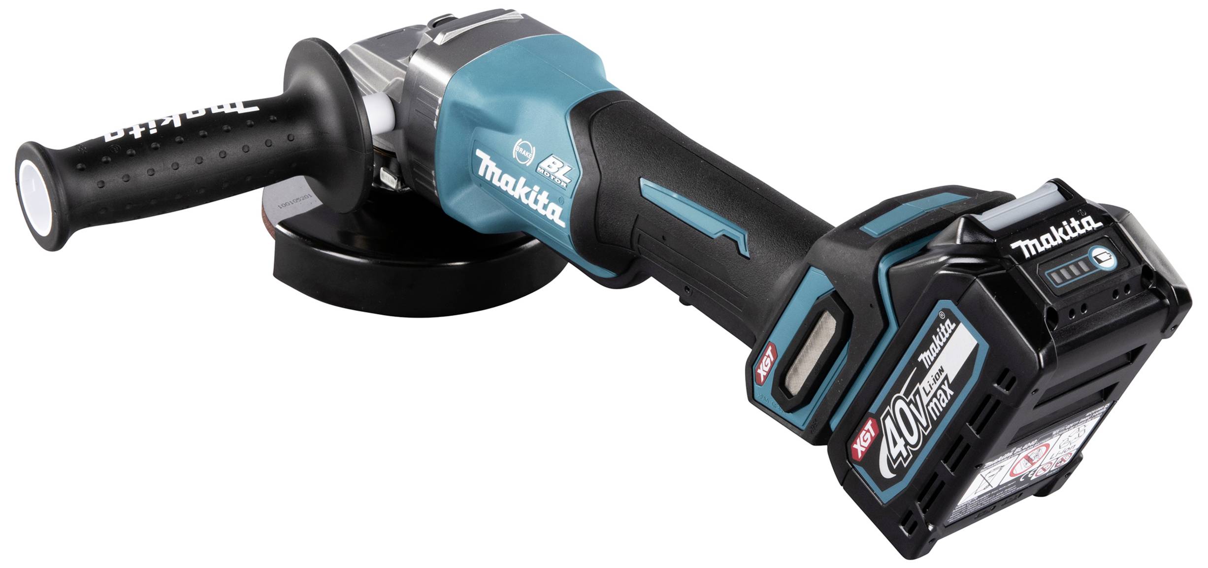 Meuleuse d'angle sans fil avec boîtier bleu et noir et poignée ergonomique, adaptée au meulage et à la découpe de matériaux.