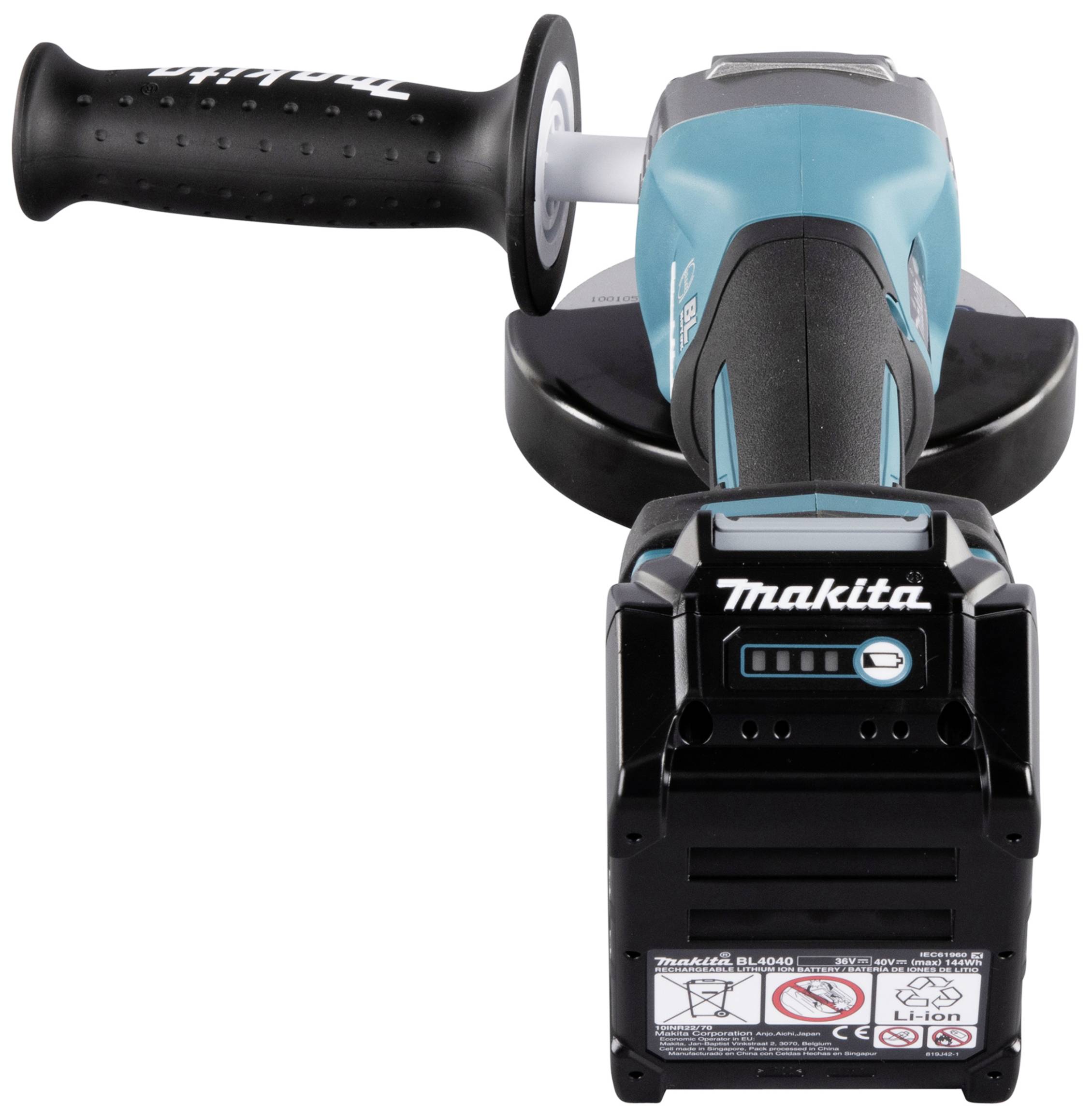 Meuleuse d'angle sans fil vue de face avec boîtier bleu et poignée noire.