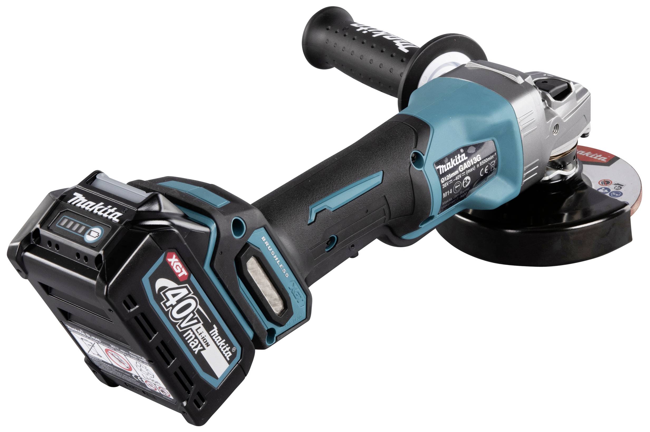 Meuleuse d'angle sans fil avec logo Makita, poignée latérale et disque de coupe installé, modèle XGT 40V Max.