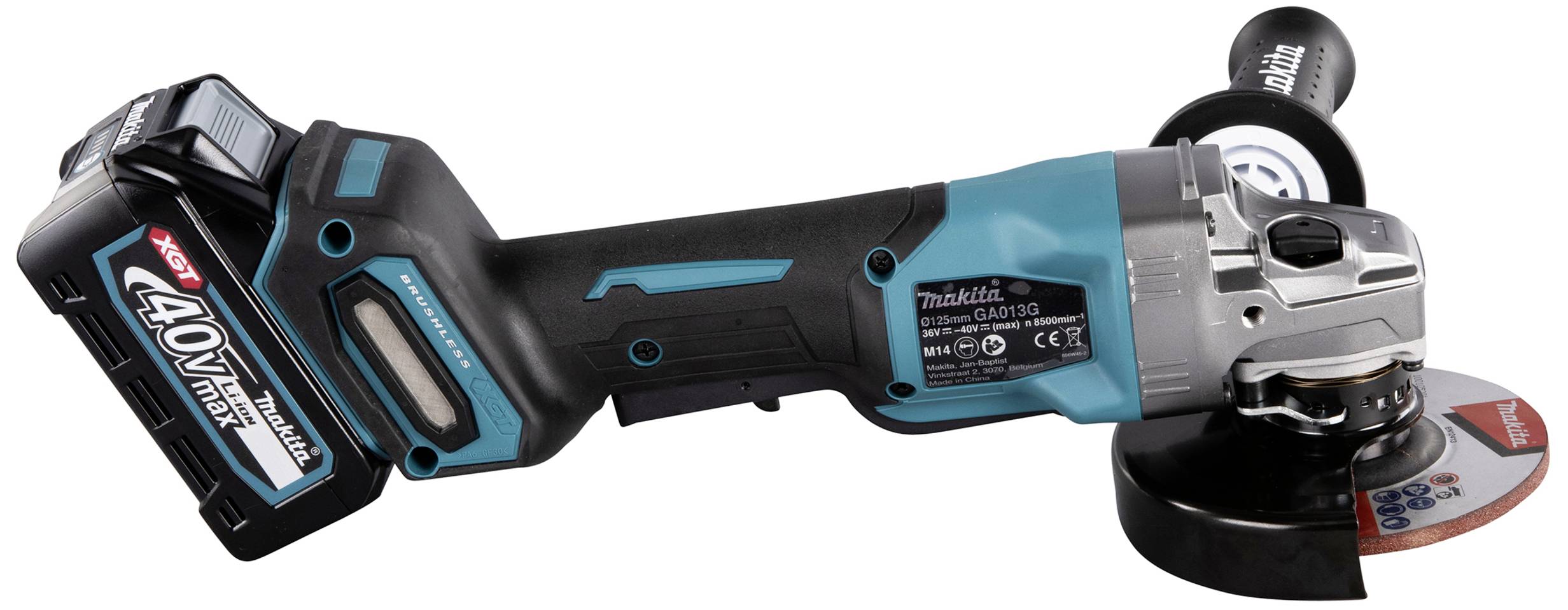 Meuleuse d'angle sans fil Makita, 40V, avec disque abrasif et poignée, idéale pour couper et poncer avec précision dans les travaux artisanaux.