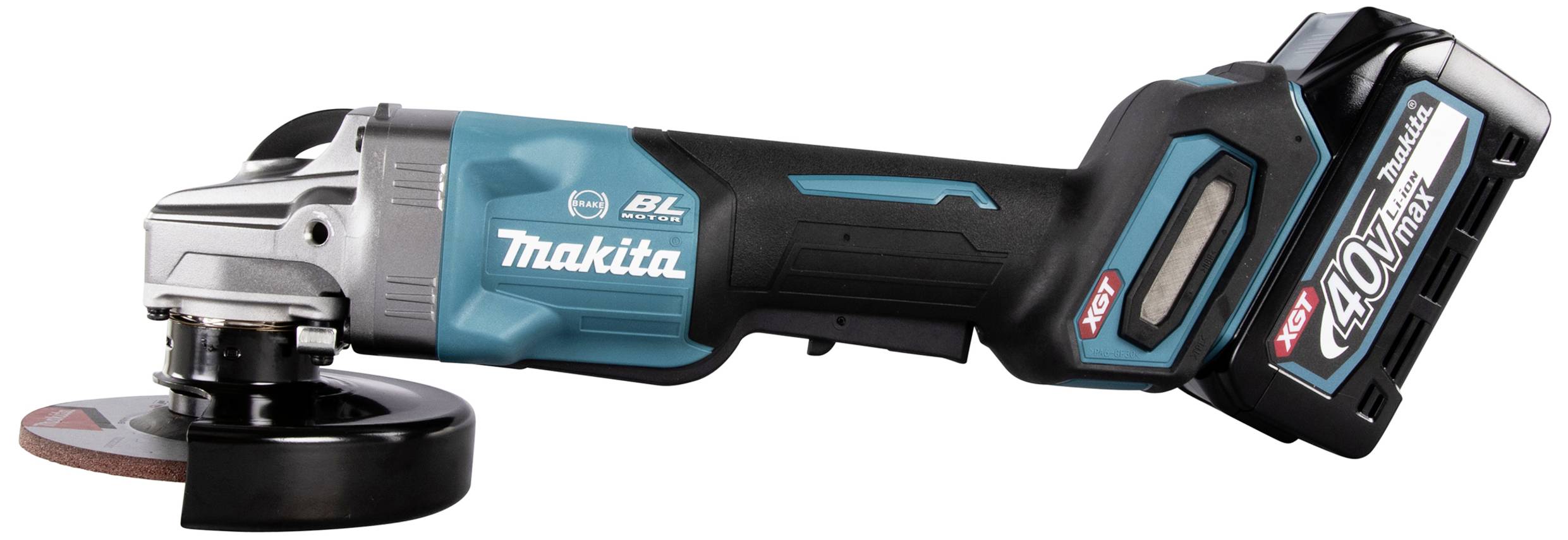 Meuleuse d'angle sans fil avec finition bleu et noir, grande batterie et disque abrasif. Logo de la marque sur le côté.