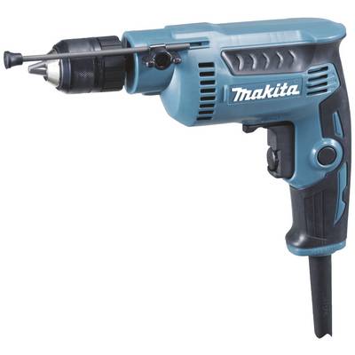 Machine à percer électrique bleue et noire, vue de côté à droite, avec un mandrin noir. Adaptée aux travaux de bricolage.