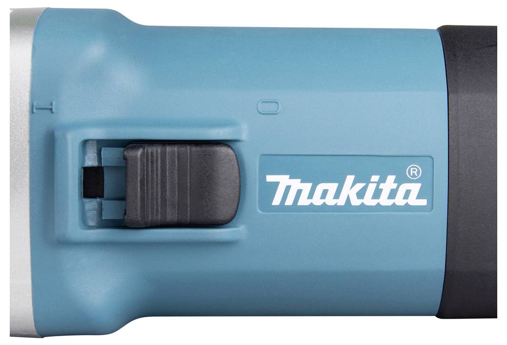 Un gros plan d'une lampe de poche Makita bleue, montrant le logo de la marque et un interrupteur noir sur le côté, illustrant le design et l'identité de la marque.