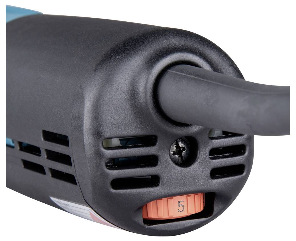 Gros plan sur un outil électrique noir avec un cadran réglé sur '5' sur un bouton orange, des orifices de ventilation et un cordon d'alimentation gris.