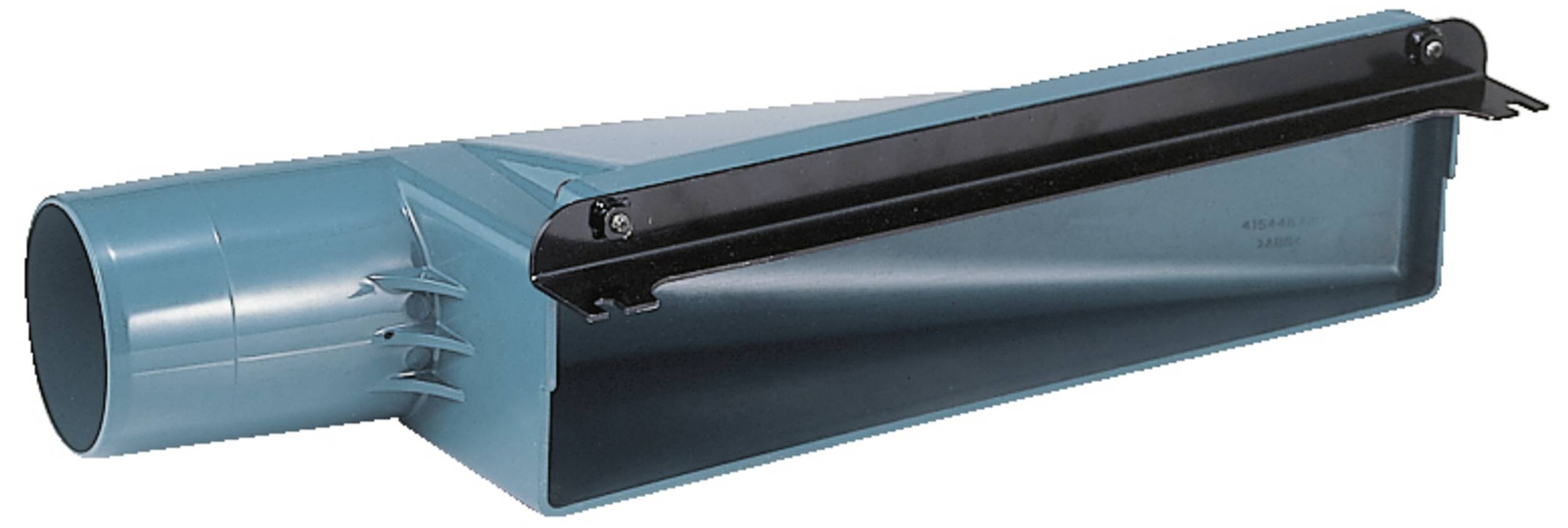 Un canal d'air en plastique bleu avec une ouverture rectangulaire et un raccordement rond, utilisé pour diriger l'air dans les systèmes de circulation d'air.