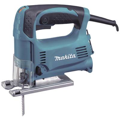 'Scie sauteuse manuelle turquoise de Makita avec poignée noire et protection transparente. Convient pour couper précisément le bois.'