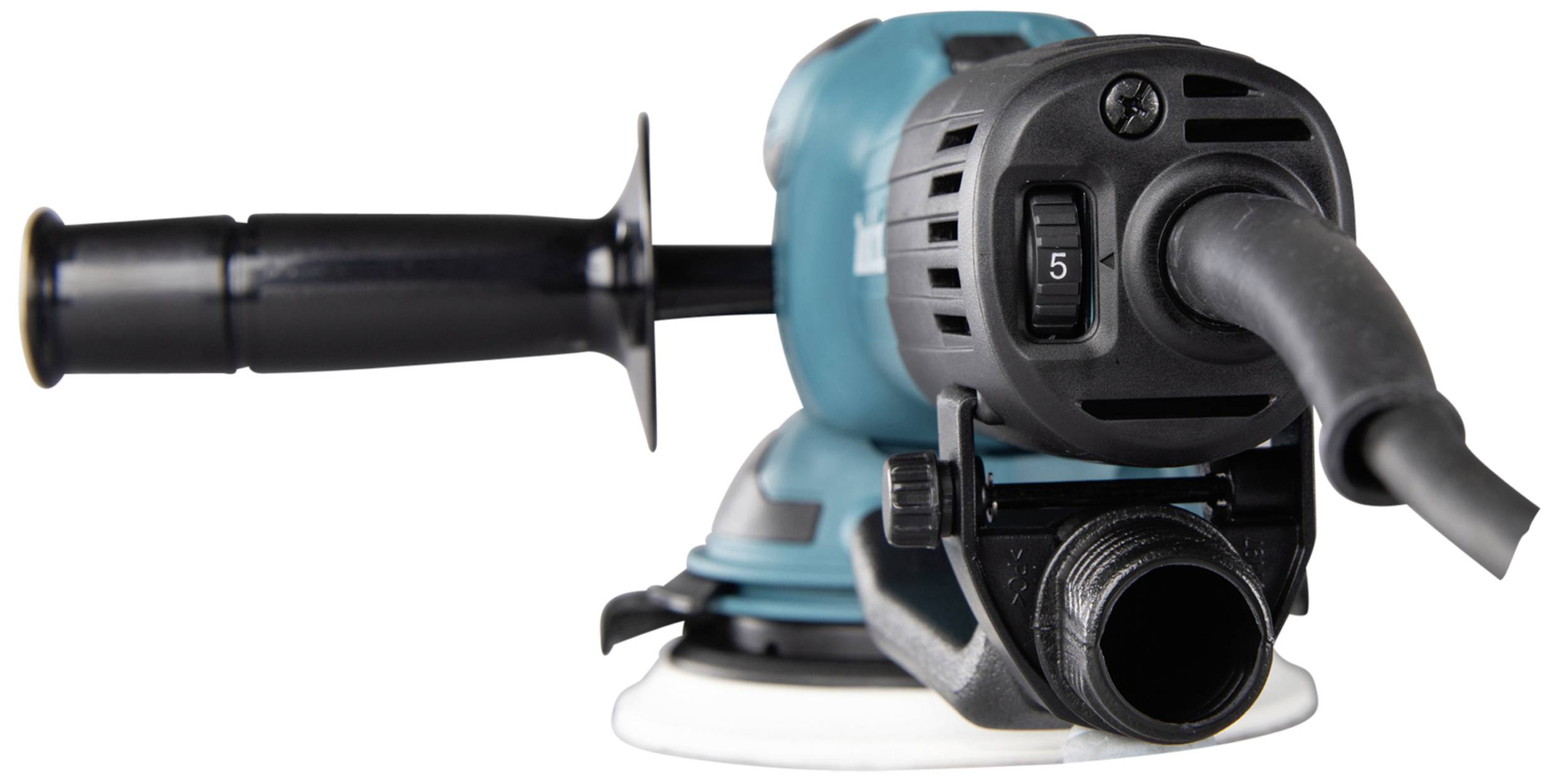 Un meuleuse d'angle bleue avec une poignée noire et un câble noir, vue de côté.