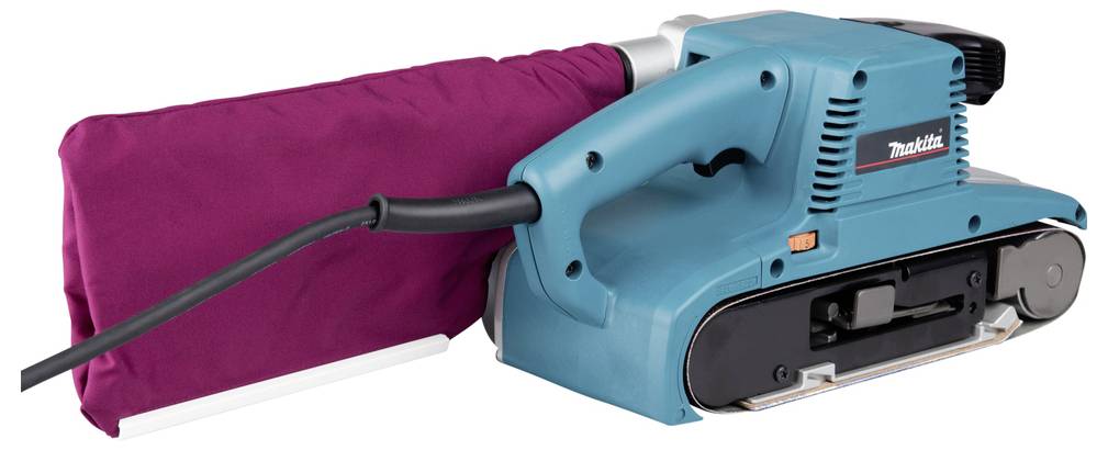 Une ponceuse à bande turquoise avec un sac à poussière marron, utilisée pour poncer les surfaces jusqu'à obtenir une finition lisse.
